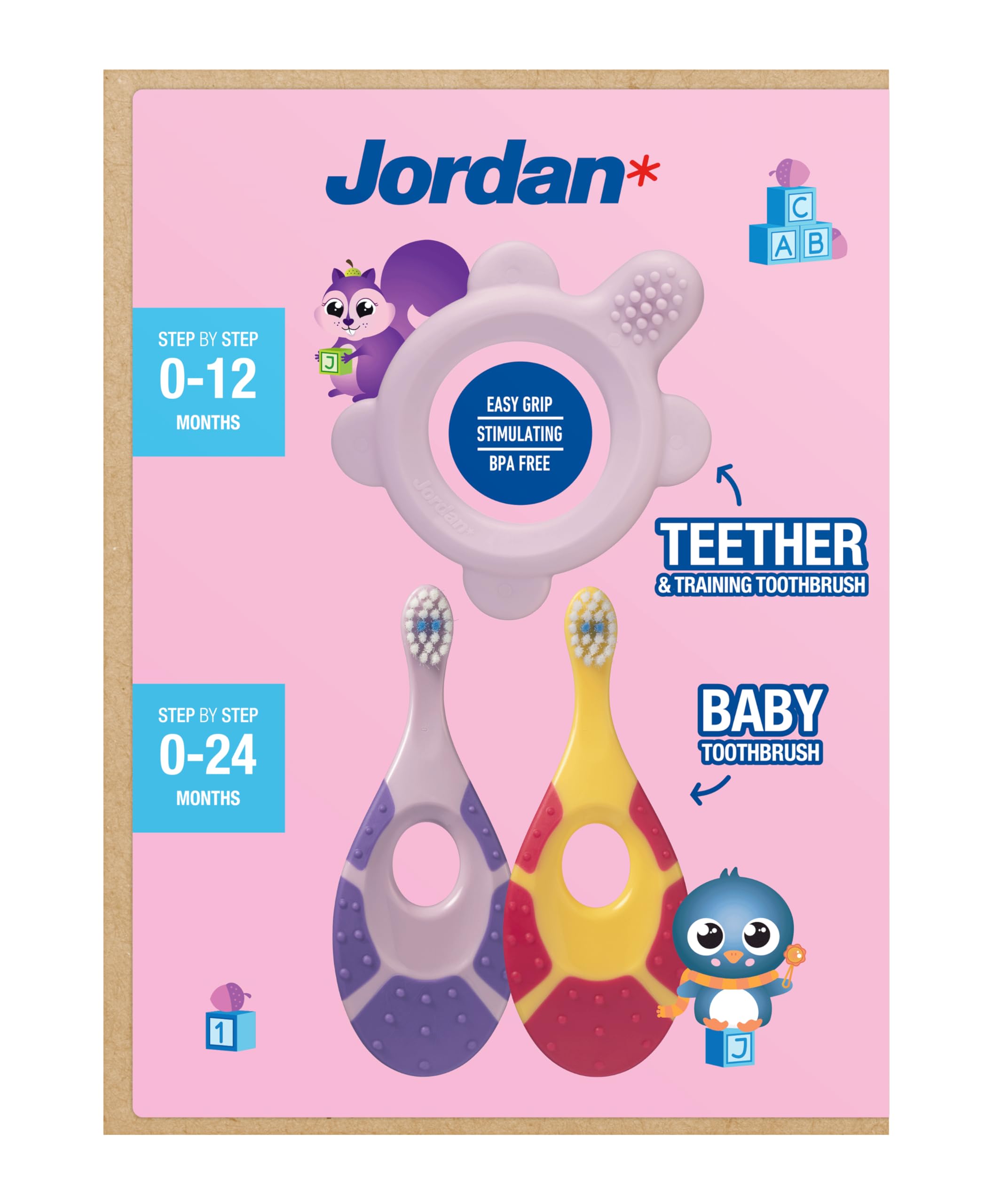 Jordan* ® Step 0 Teether & Training Toothbrush – BPA-Free 2-in-1 Baby Teether & Toothbrush (Pink)
