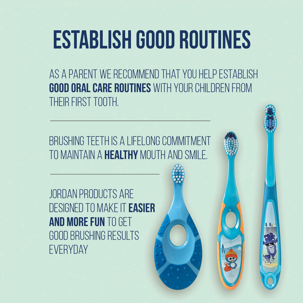 Jordan* Step 1 Baby Toothbrush – 0-2 Years | Soft Bristles | BPA Free | Green and Blue | 4 Pack