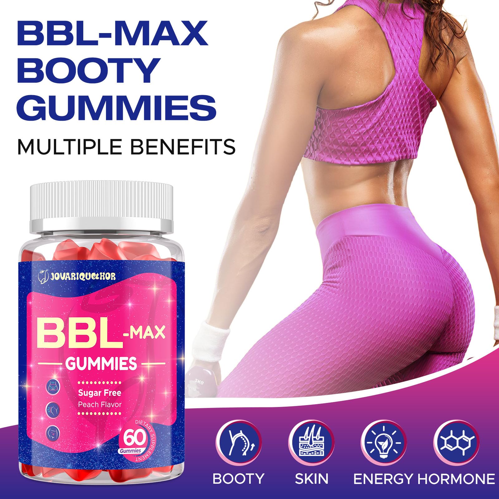 Jovariquethor Booty Gummies for Women – Peach Flavor, 60 Count