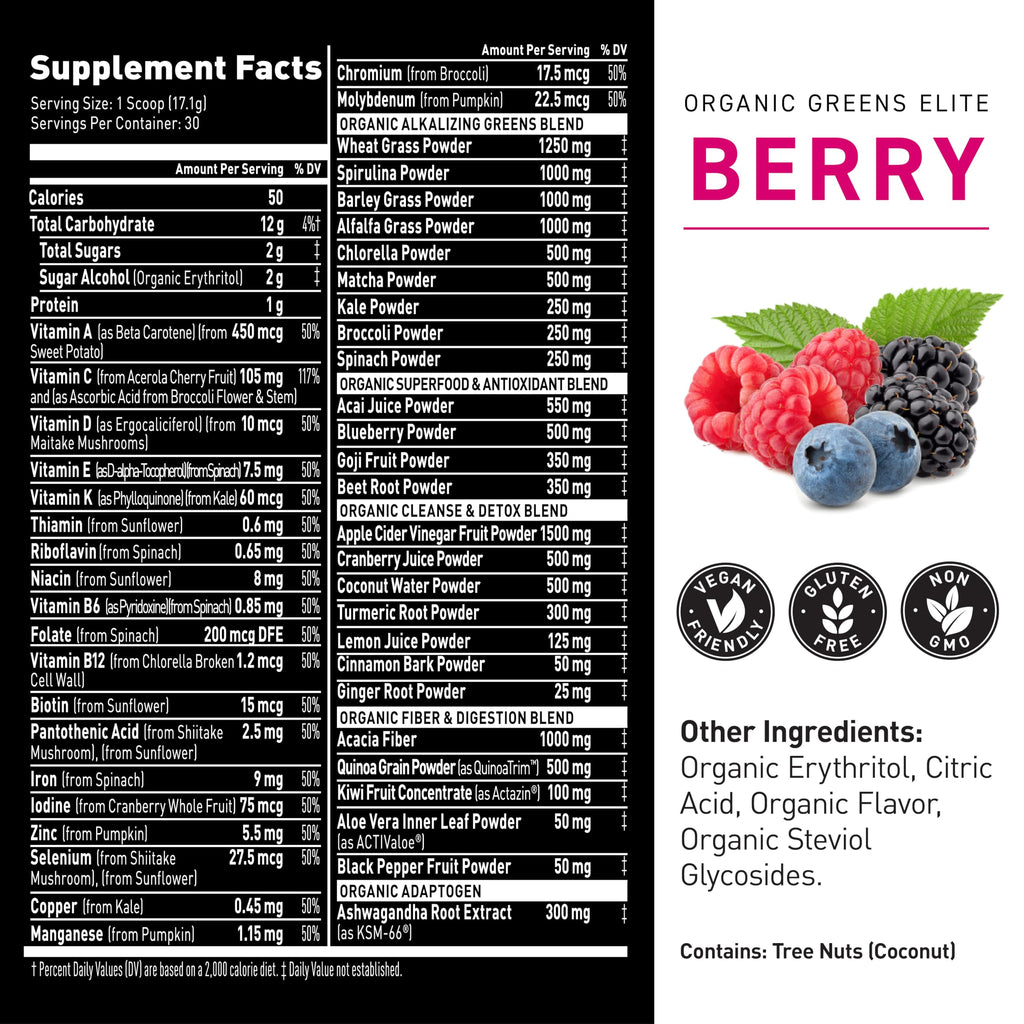 Kaged Organic Greens Elite Berry — Superfood Greens Powder with Apple Cider Vinegar, Adaptogens & Prebiotics | 30 Servings