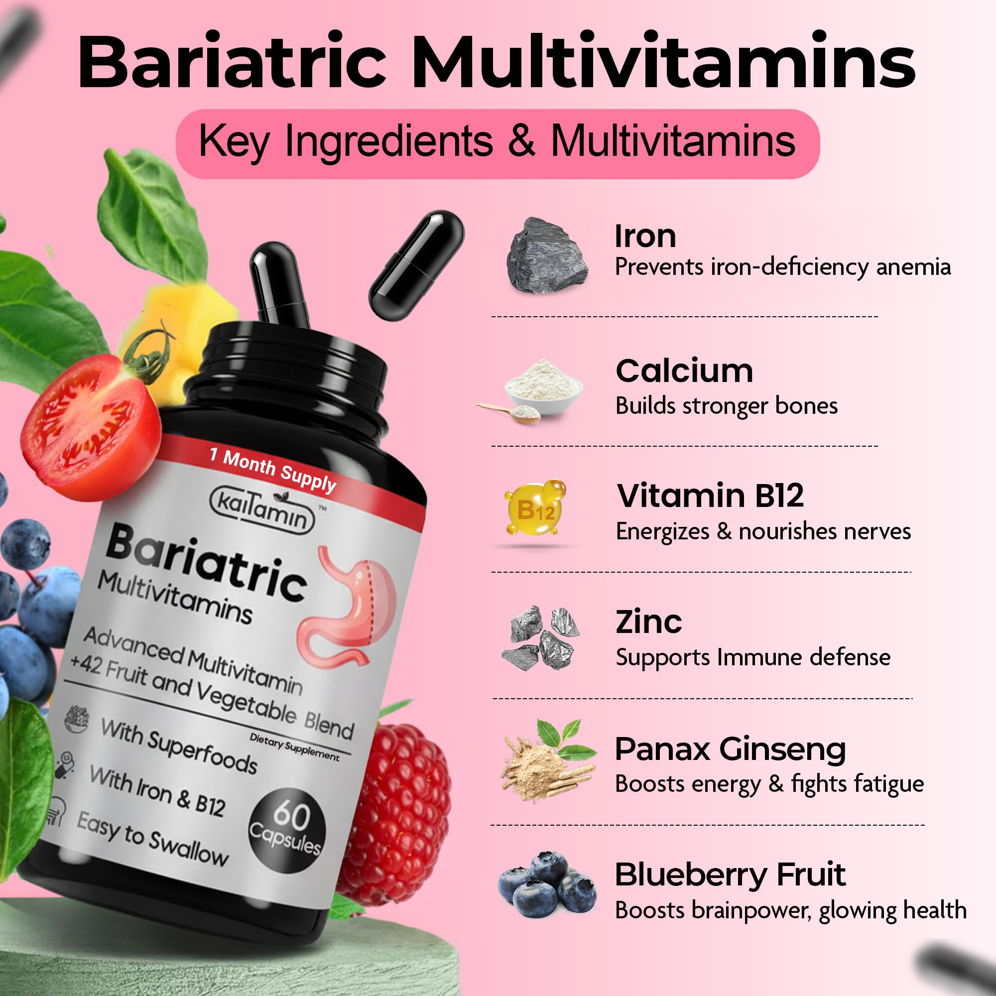Kaitamin Bariatric Multivitamin with Iron – Post-Surgery Recovery, 60 Liquid Capsules