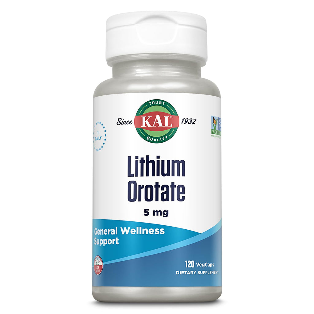 KAL Lithium Orotate 5 mg – Mood Support, 120 VegCaps, Organic Rice Bran Base
