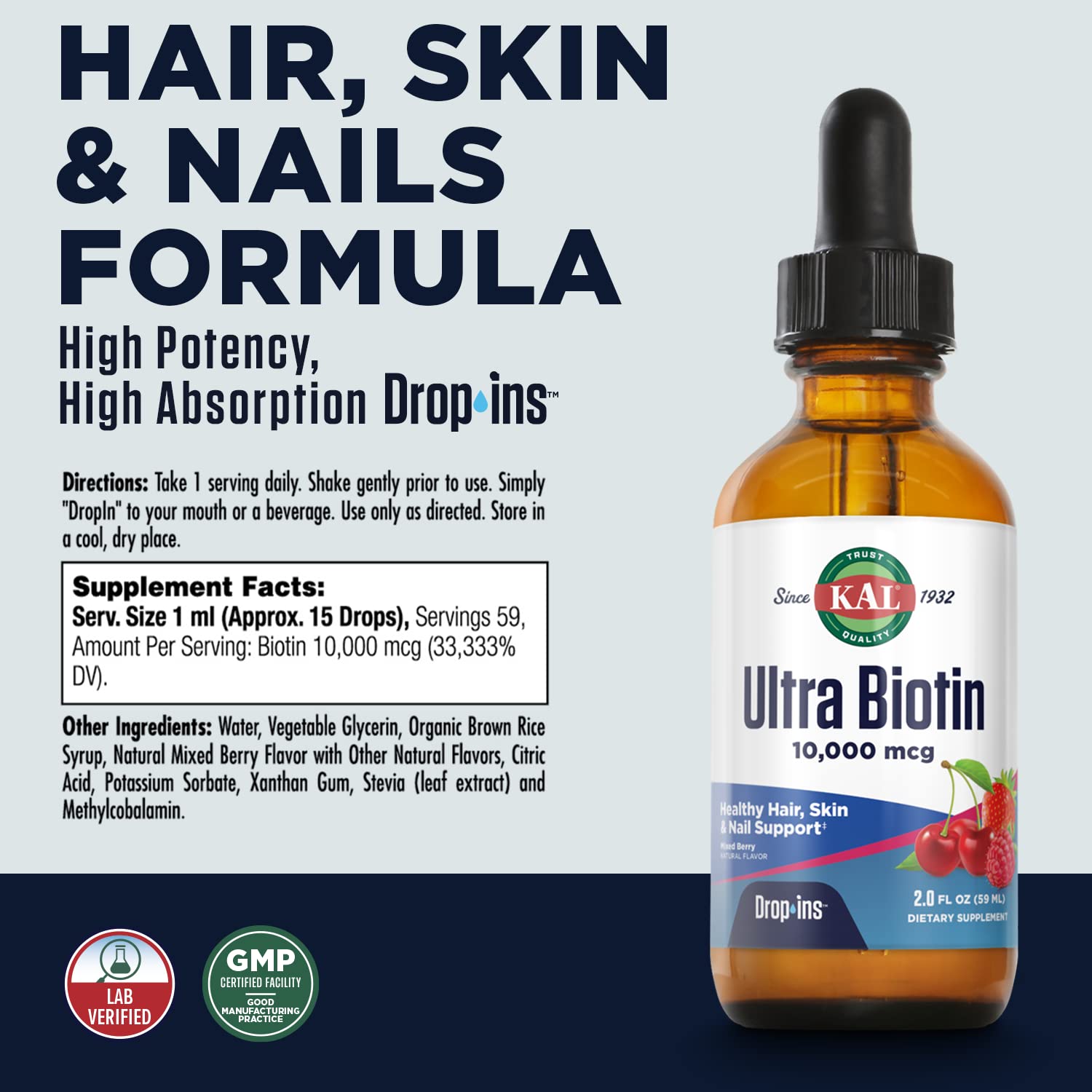 KAL Ultra Biotin 10000mcg DropIns – Liquid Biotin for Hair & Nails, 2oz