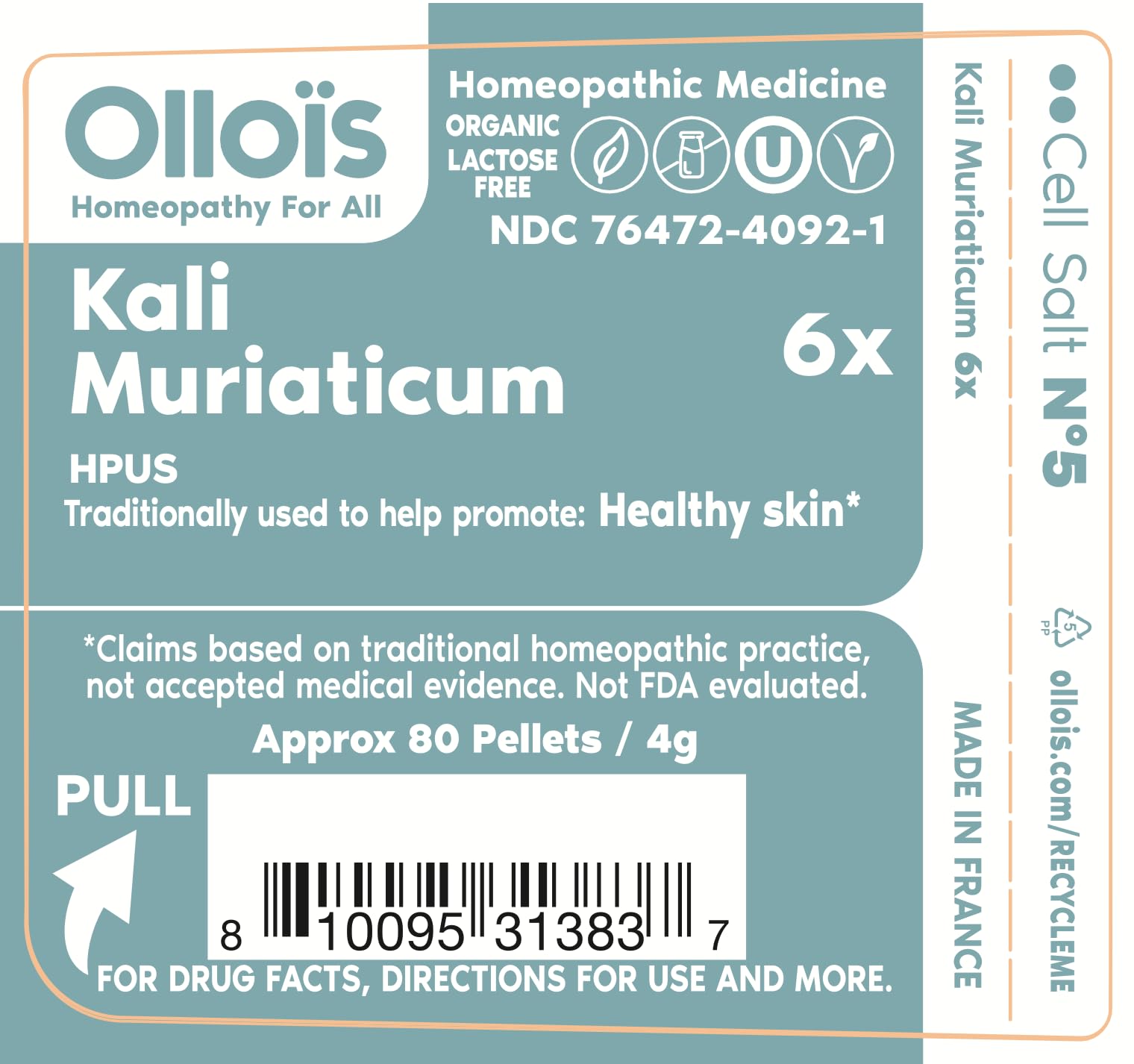Kali Muriaticum - OLLOIS - Organic & Vegan, Kosher certified, Cell Salt #5 (approx. 80 pellets)