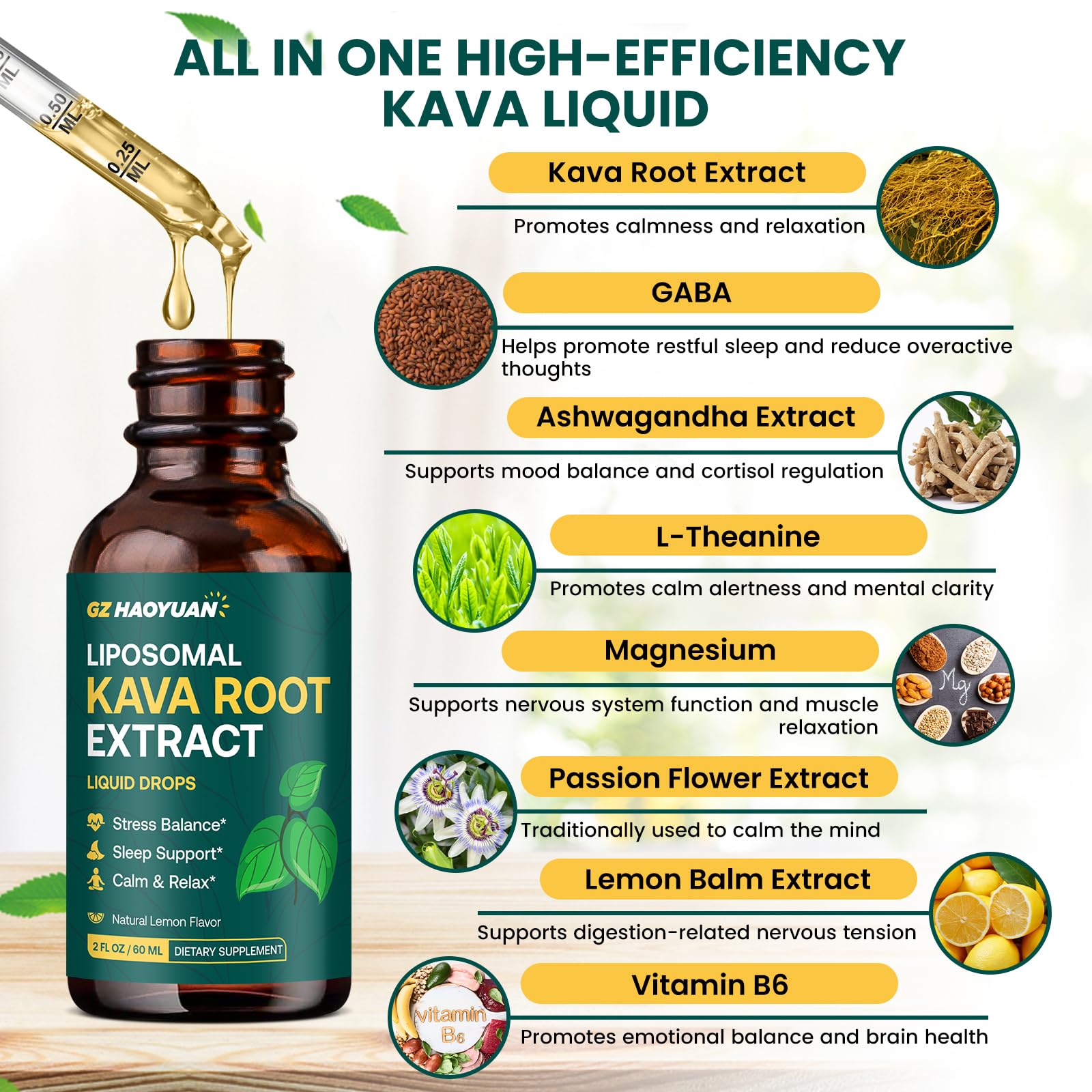 GZ HAOYUAN Liposomal Kava Drops – Calming Kava Liquid with GABA & Ashwagandha