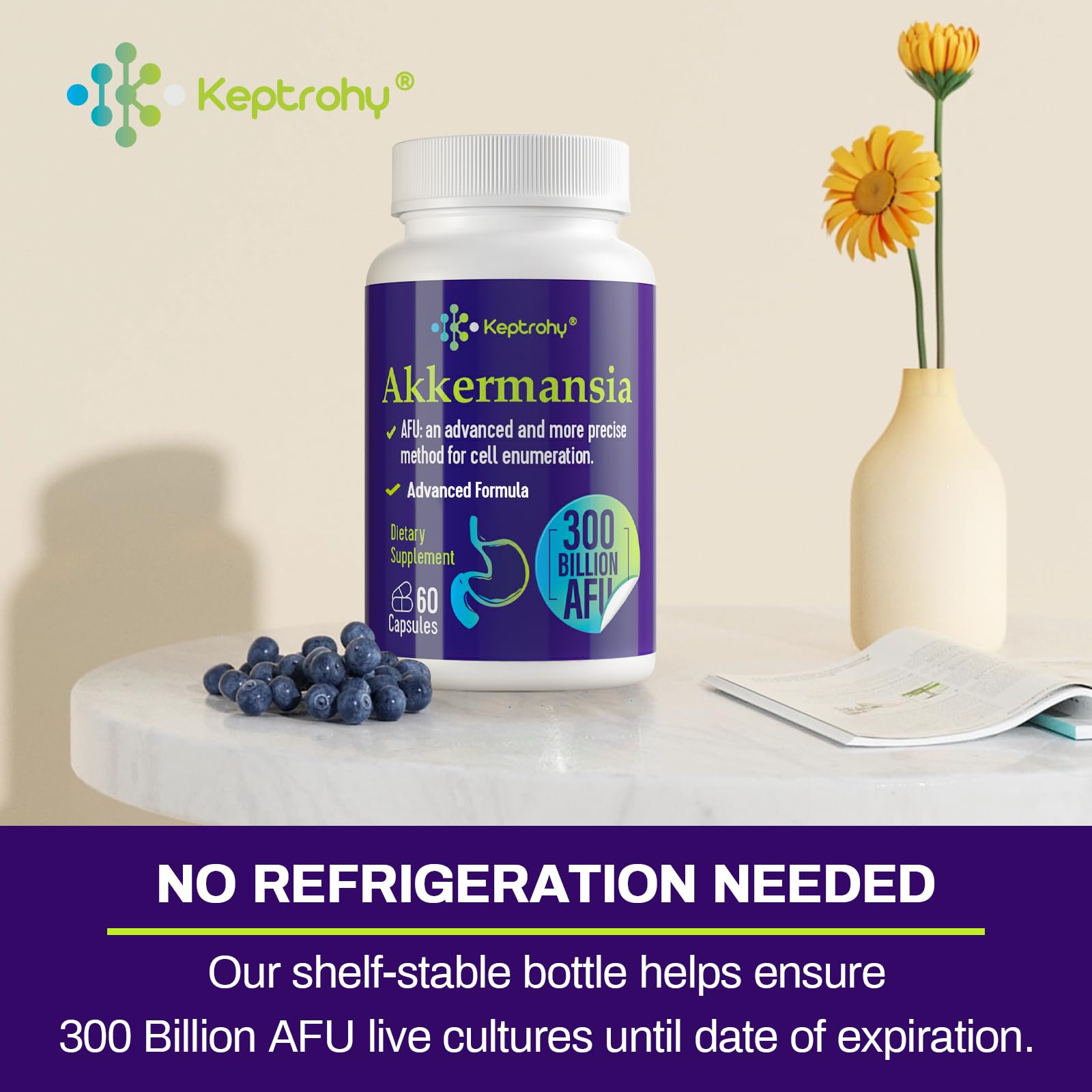 Keptrohy 300 Billion AFU Akkermansia Probiotic for Gut Health | 120 Count