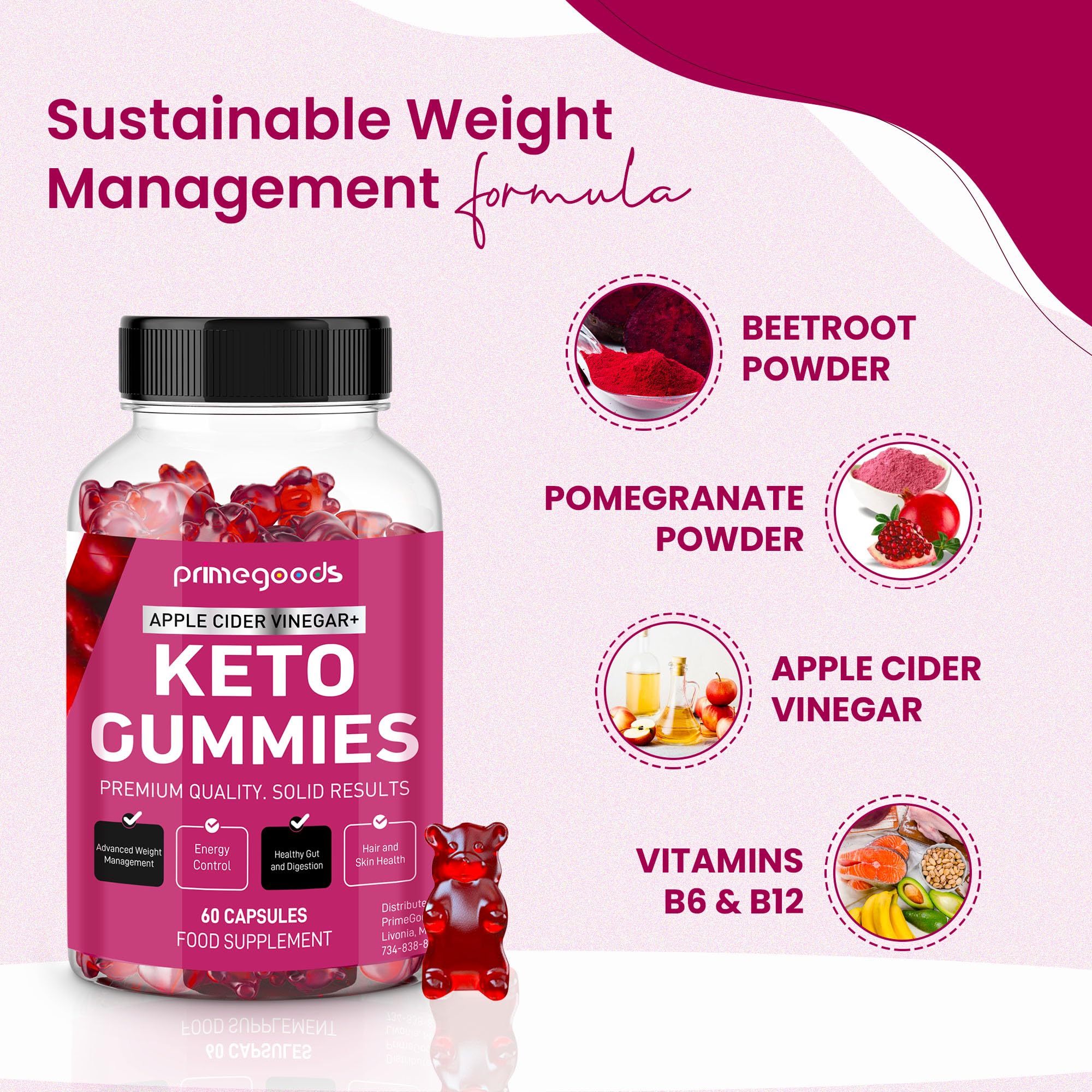 Keto ACV Gummies 1000mg – Apple Cider Vinegar with B6 & B12 for Weight Loss