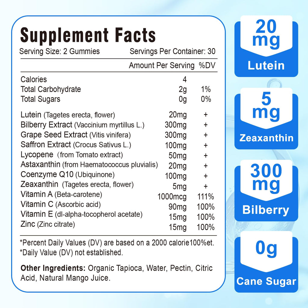 20mg Lutein & Zeaxanthin Gummies – Sugar Free Eye Health Supplement for Adults & Kids