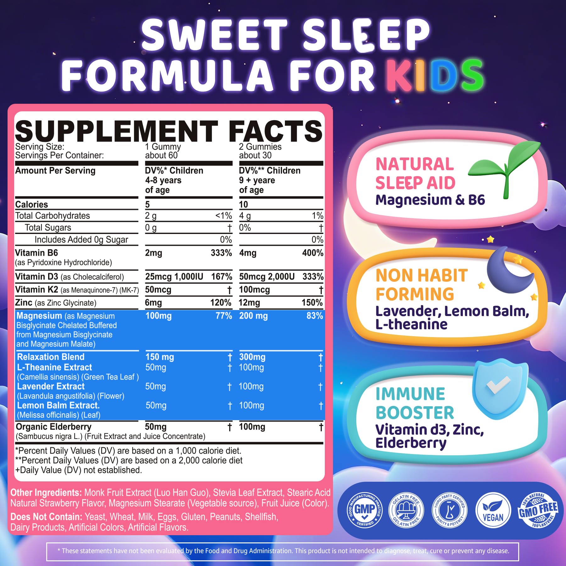 Kids Sleep Gummies - No Melatonin with Magnesium Glycinate, L-Theanine, Zinc & D3K2 | Immune Support