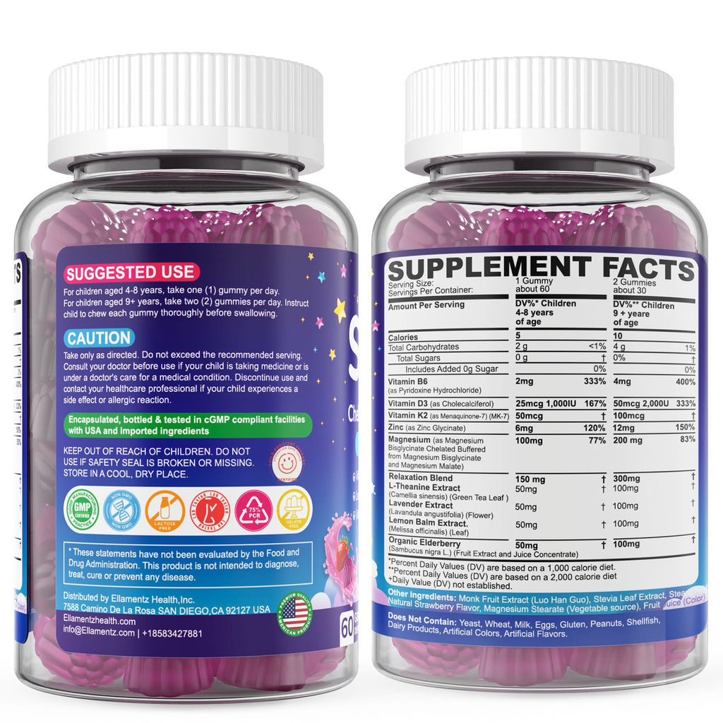 Kids Sleep Gummies - NO Melatonin Sleep Aid with Magnesium Glycinate, Magnesium Malate, L-Theanine, Lavender, B6, Zinc, D3K2 | 2-Pack