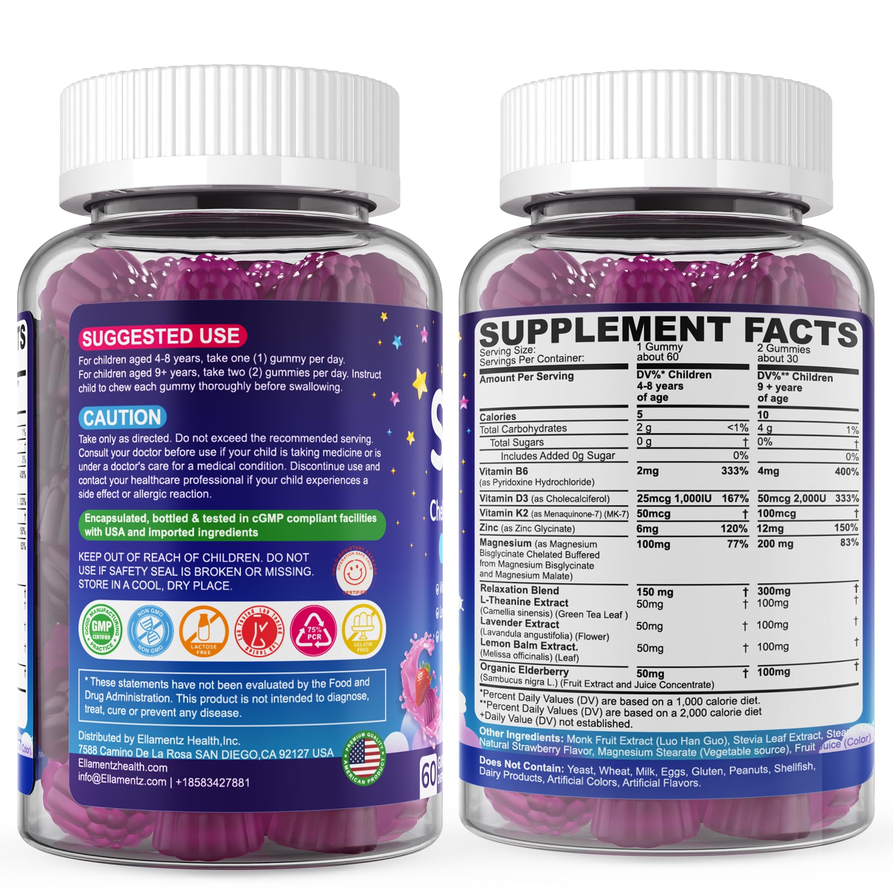 Kids Sleep Gummies - NO Melatonin Sleep Aid with Magnesium Glycinate, Magnesium Malate, L-Theanine, Lavender, B6, Zinc, D3K2 | 2-Pack