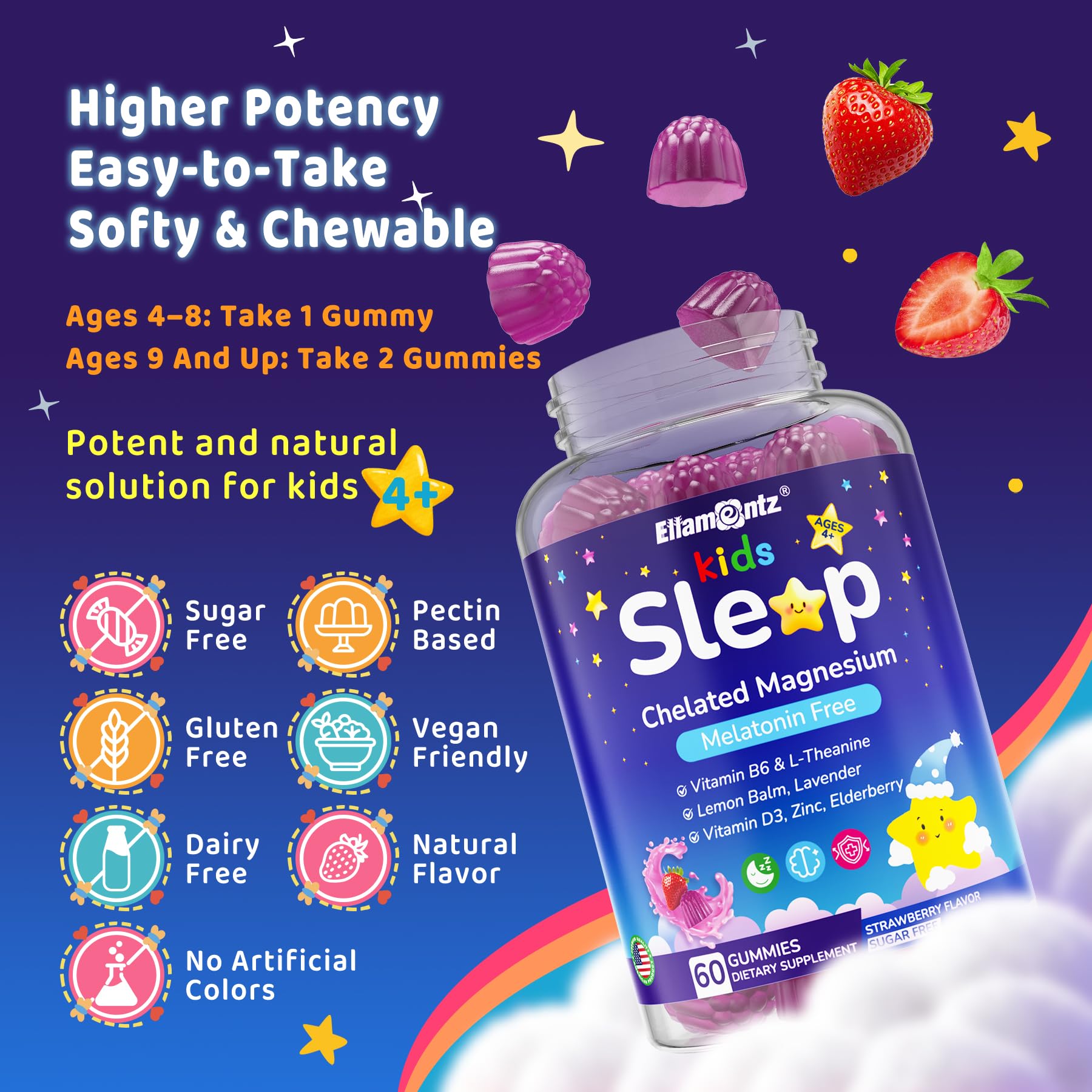 Kids Sleep Gummies - NO Melatonin Sleep Aid with Magnesium Glycinate, Magnesium Malate, L-Theanine, Lavender, B6, Zinc, D3K2 | 2-Pack
