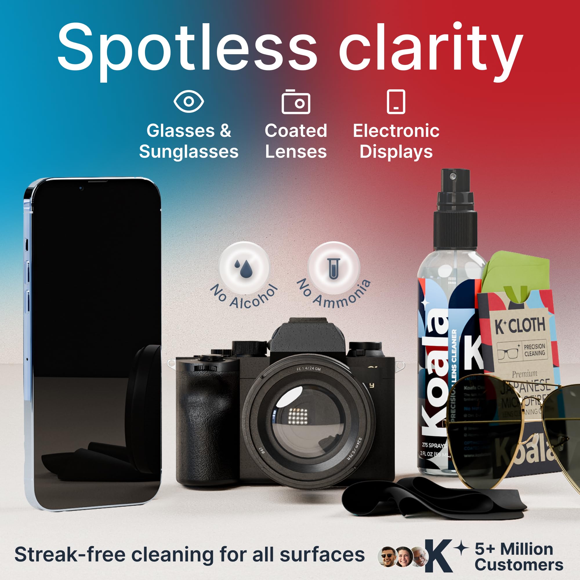 Koala Eyeglass Lens Cleaner Kit – 6-Piece Set (2x 8oz, 1x 2oz, 3 Microfiber Cloths)