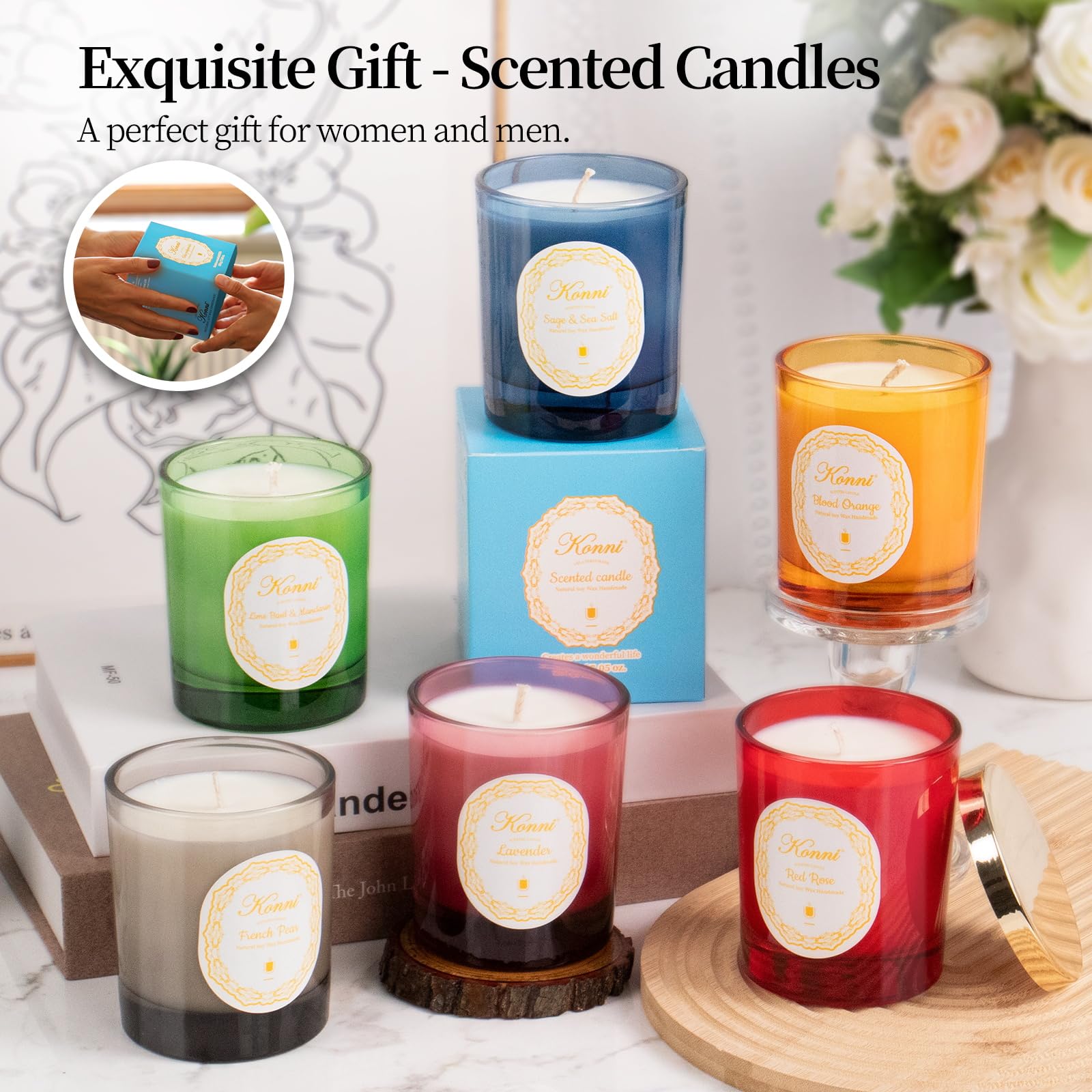 KONNI Scented Candles - Aromatherapy Candle, 7.4oz Natural Soy Wax Jar, 40-Hour Burn, French Pear