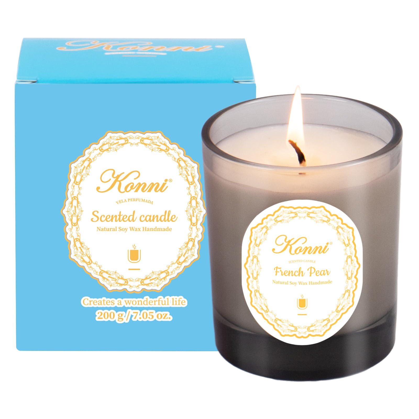 KONNI Scented Candles - Aromatherapy Candle, 7.4oz Natural Soy Wax Jar, 40-Hour Burn, French Pear