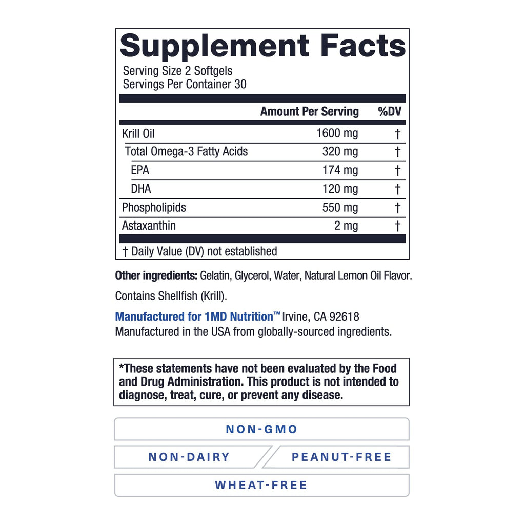 1MD KrillMD - Antarctic Krill Oil with Astaxanthin, EPA & DHA | 2x More Effective Than Fish Oil | 60 Softgels (2-Pack)