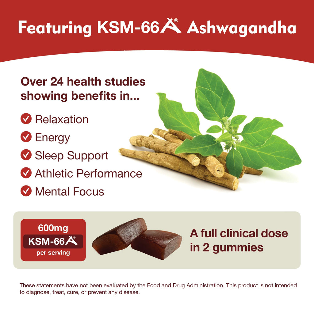 KSM-66 Ashwagandha Gummies – 600mg Organic Root Extract per Serving | Apple-Berry Flavor | Supports Relaxation, Focus & Energy (60 Gummies)