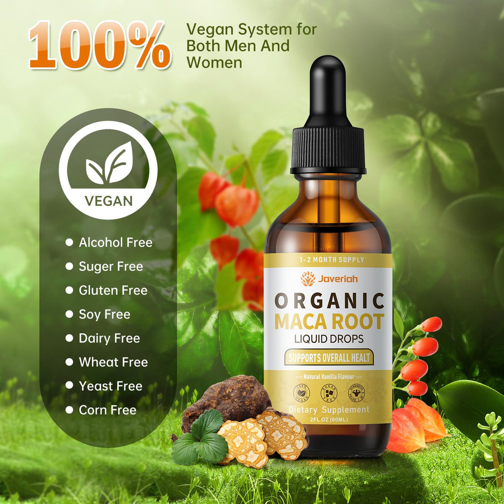 Javeriah Organic Maca Root Liquid Drops with Ashwagandha, Goji Berry, Ginger, Magnesium & L-Arginine — 4 Oz 2 Pack