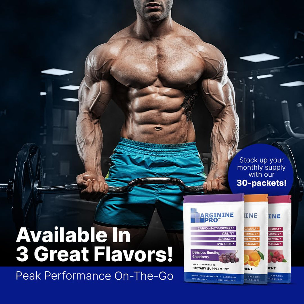 L-ARGININE PRO Supplement Powder | 90 Travel Packets | 5,500mg L-Arginine + 1,100mg L-Citrulline | Raspberry, Orange & Grape