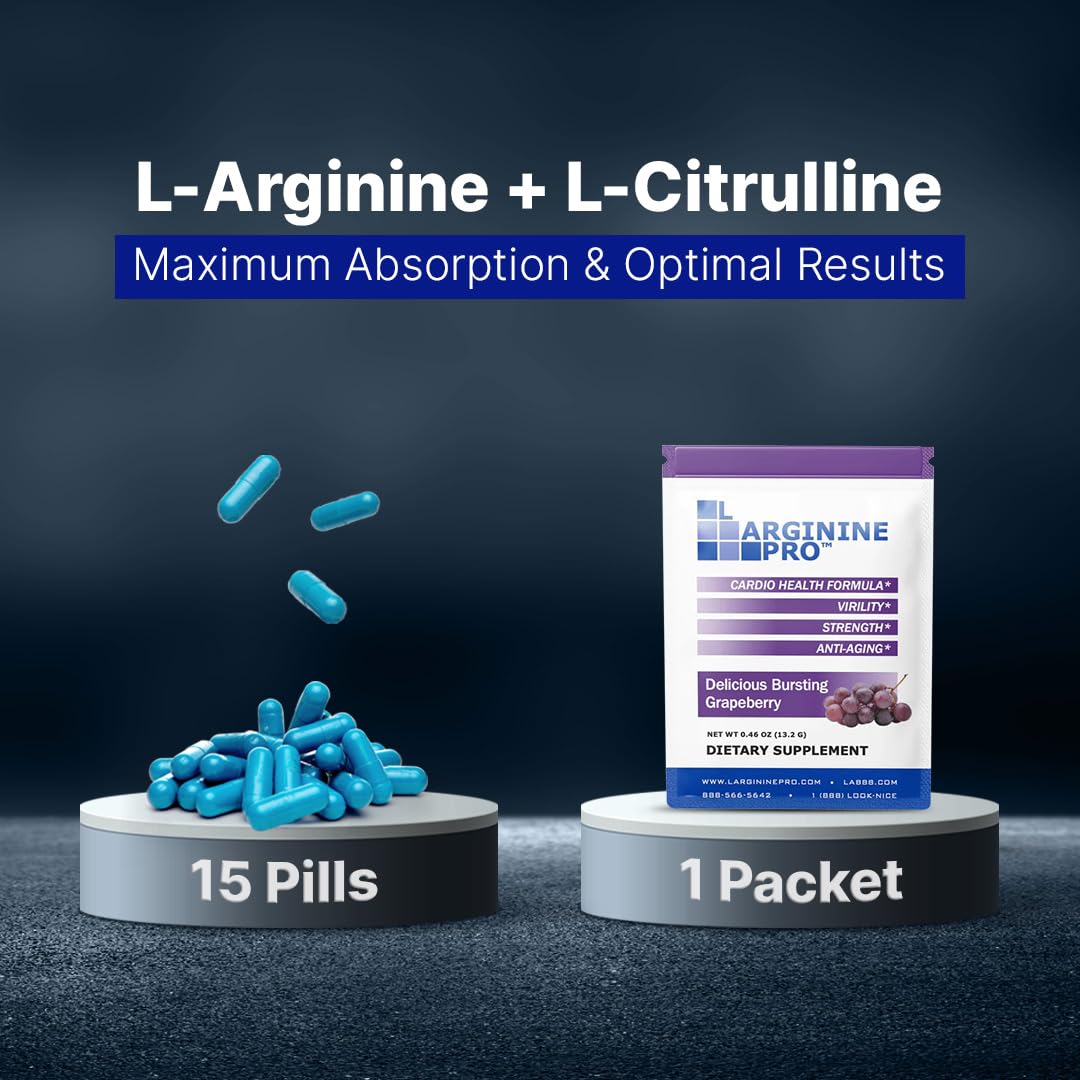 L-ARGININE PRO Supplement Powder | 90 Travel Packets | 5,500mg L-Arginine + 1,100mg L-Citrulline | Raspberry, Orange & Grape