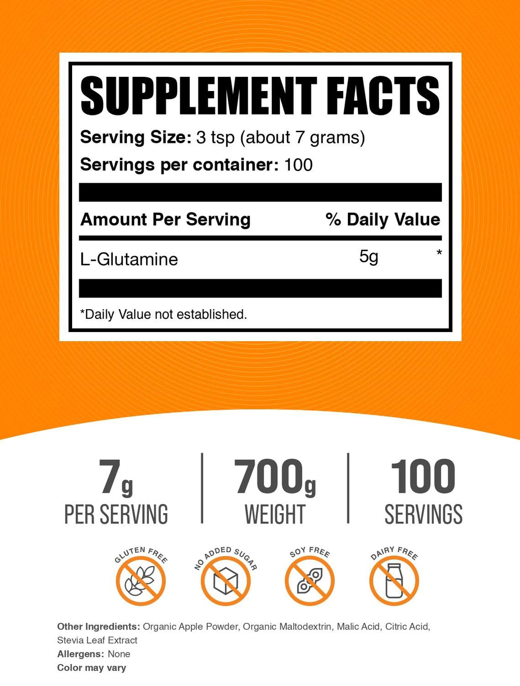 BulkSupplements.com L-Glutamine Powder – Sour Green Apple, 700g (1.5 lb) | 7 g Serving