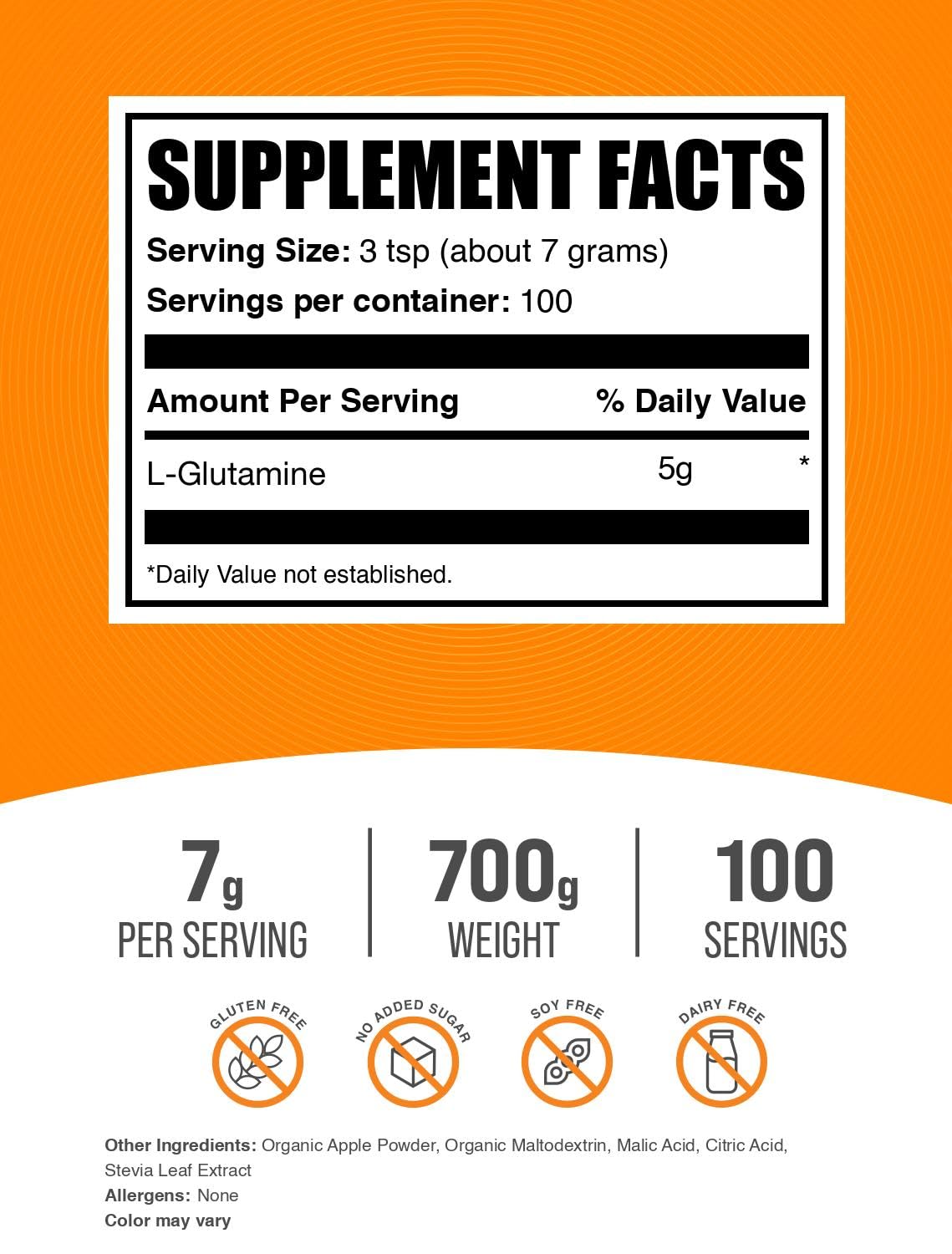 BulkSupplements.com L-Glutamine Powder – Sour Green Apple, 700g (1.5 lb) | 7 g Serving