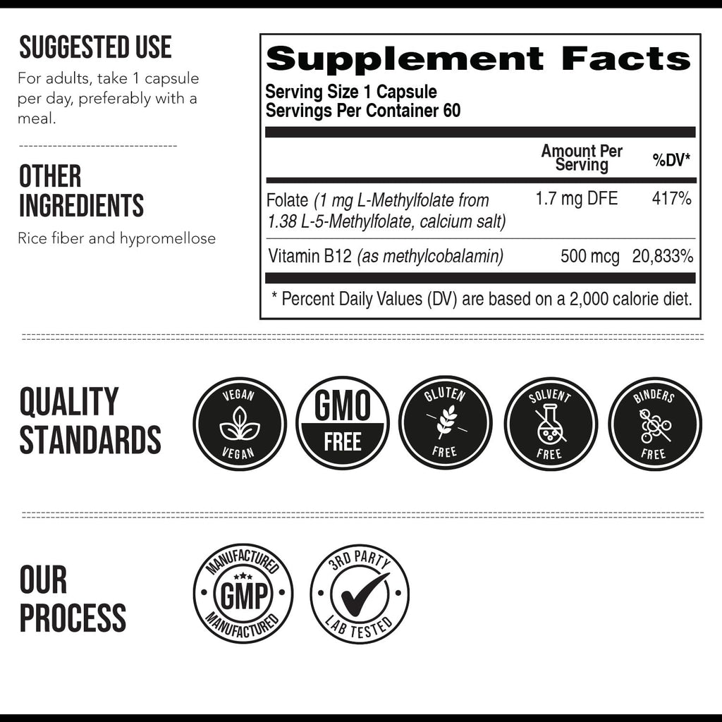 L-Methyl Folate 1000 mcg + Methyl B12 Cofactor – 5-MTHF (60 Servings)
