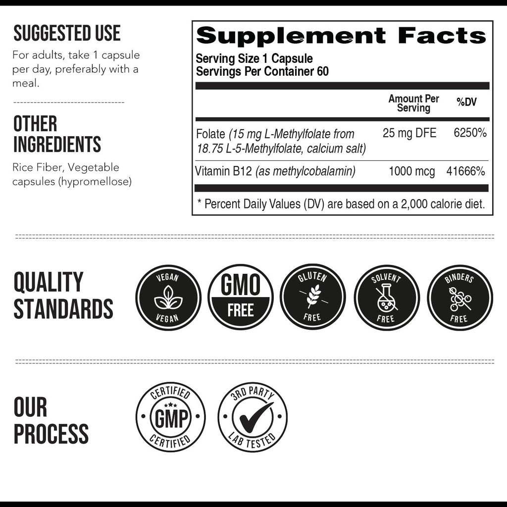 L-Methyl Folate 15mg + Methyl B12 Cofactor – High Potency, Bioactive 5-MTHF Form (60 Servings)