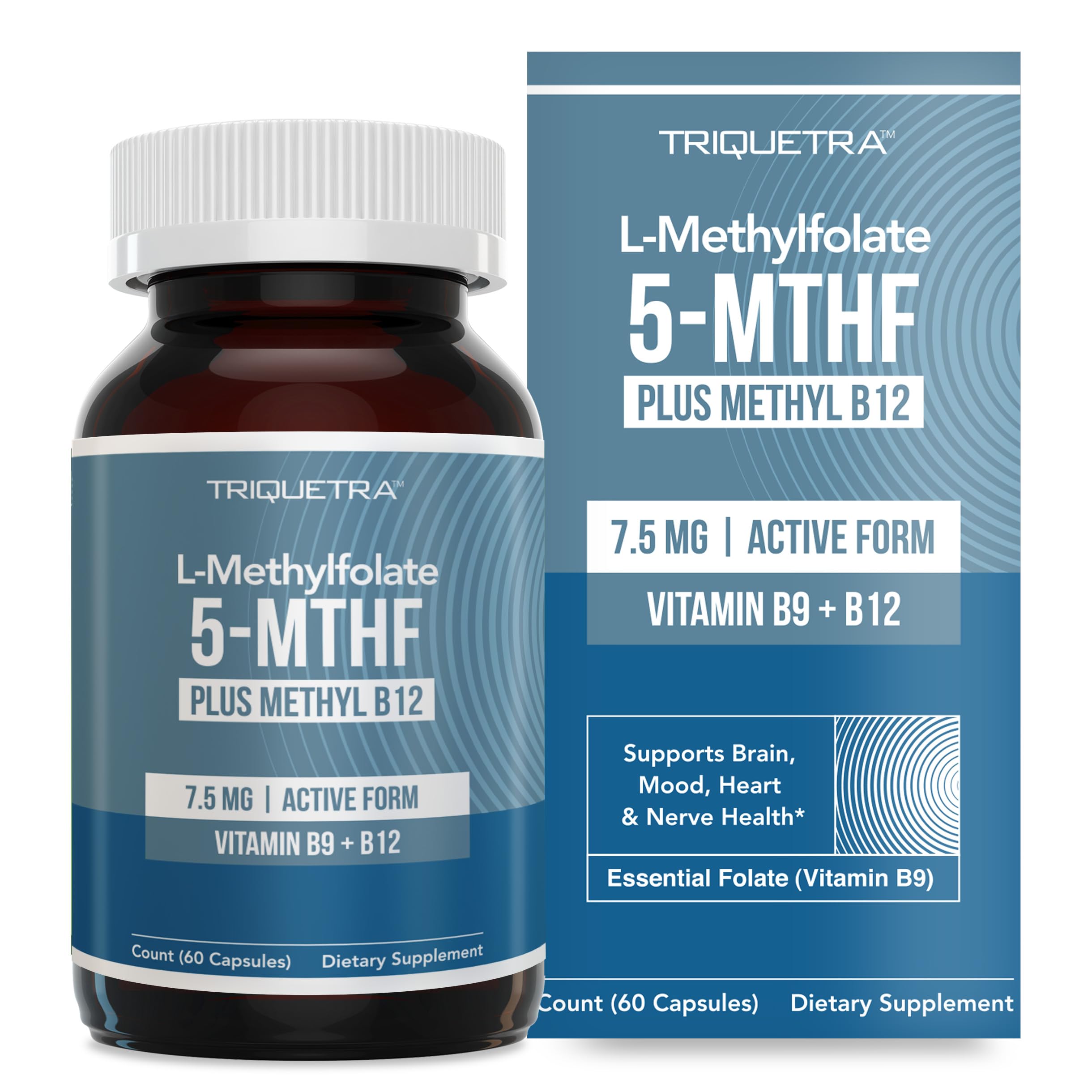 L Methylfolate 7.5mg + Methyl B12 (5-MTHF) - MTHFR Supplement - Bloodstream Ready Folate + B12 Cofactor - 60 Capsules