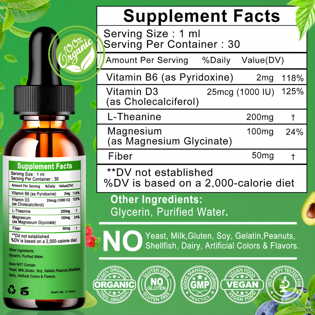L-Theanine Drops 200mg with Magnesium Glycinate – Plant-Based, Non-GMO | Relaxation, Sleep & Digestive Support