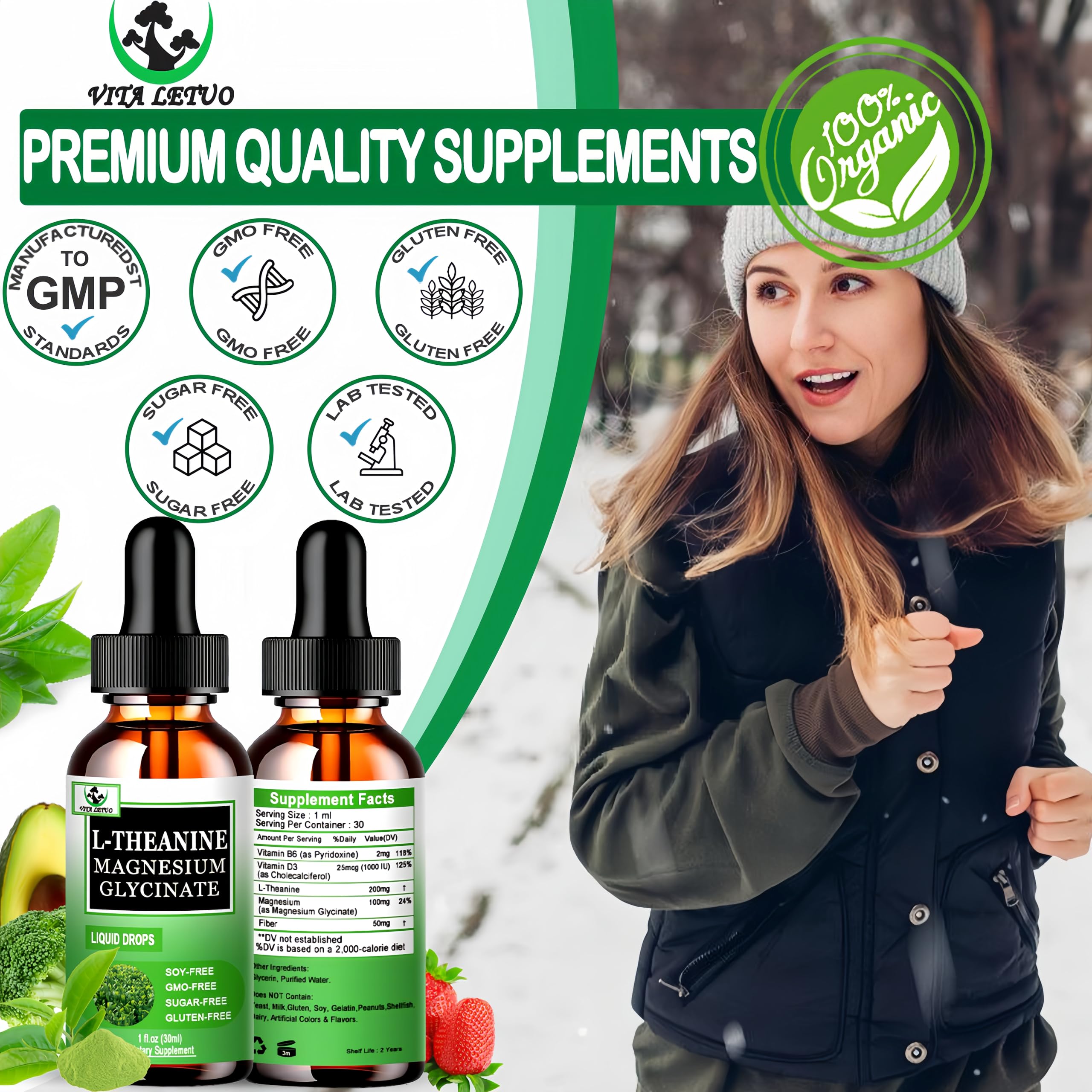 L-Theanine Drops 200mg with Magnesium Glycinate – Plant-Based, Non-GMO | Relaxation, Sleep & Digestive Support