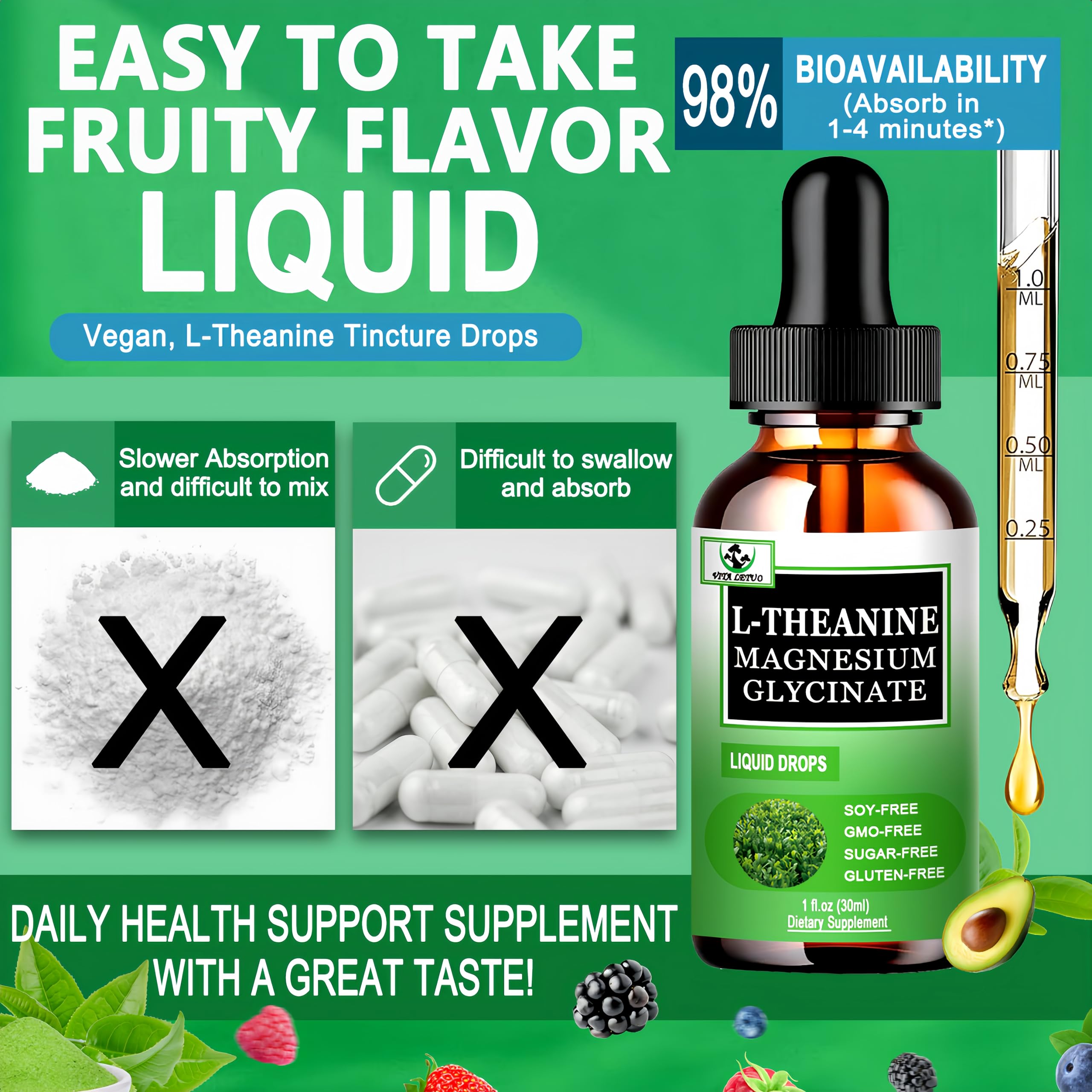 L-Theanine Drops 200mg with Magnesium Glycinate – Plant-Based, Non-GMO | Relaxation, Sleep & Digestive Support