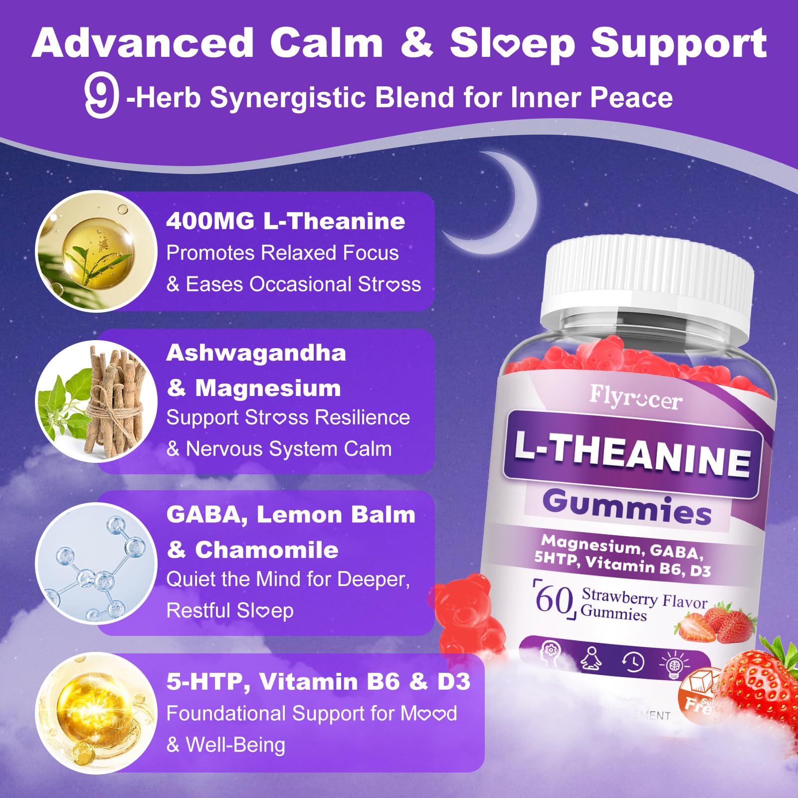 2 Pack L-Theanine Gummies - 400mg with Ashwagandha, Magnesium, 5-HTP & GABA | Vegan Strawberry Flavor | 120 Count
