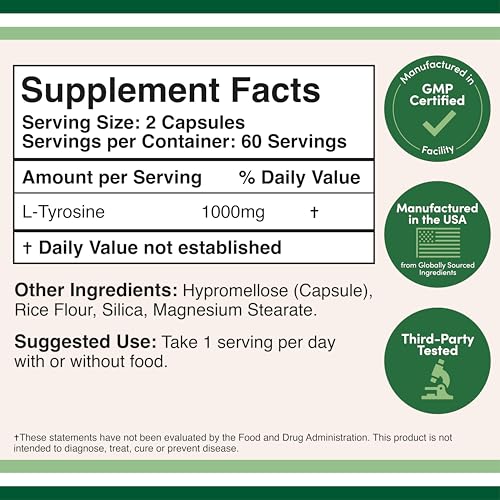 L-Tyrosine 1,000mg per Serving | 120 Veggie Capsules | Double Wood