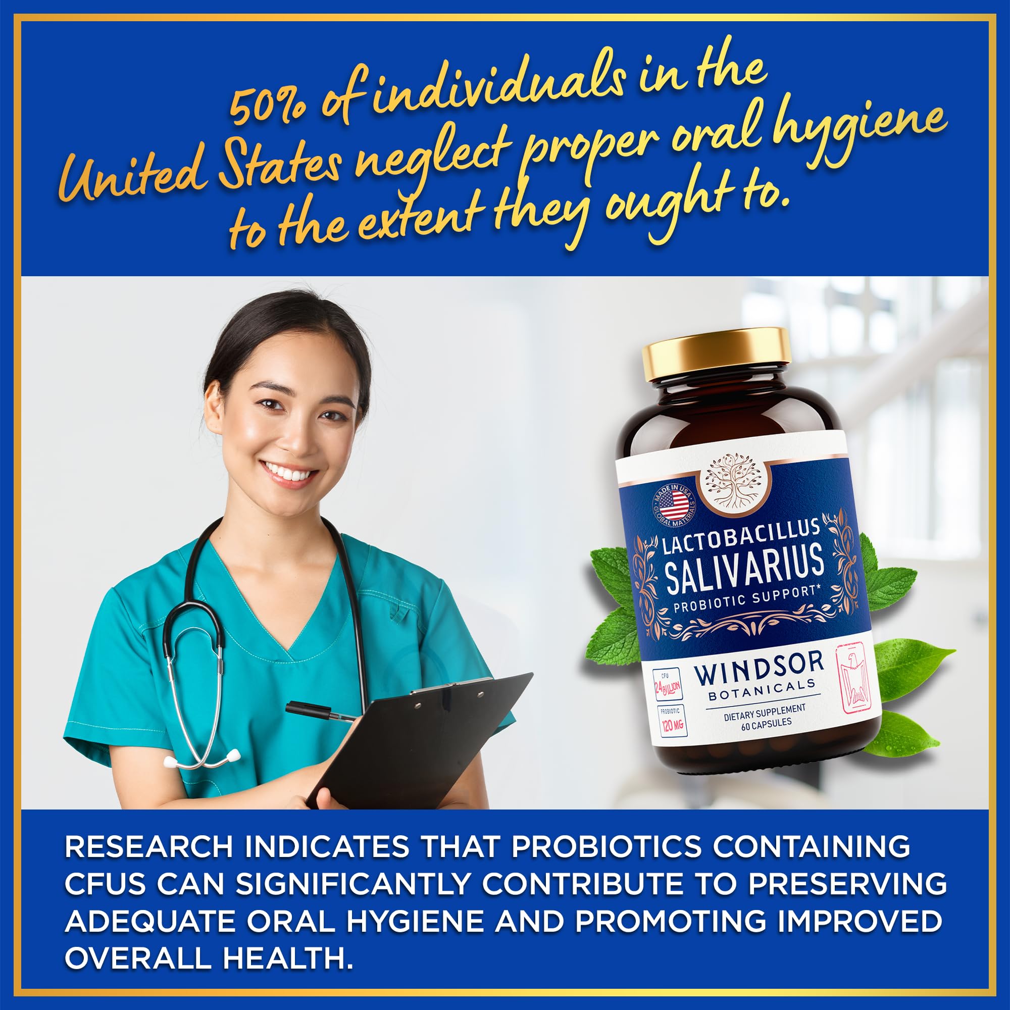 Lactobacillus Salivarius Probiotic 24bn CFU for Teeth & Gums - Bad Breath, Immune & Digestive Health - 60 Capsules