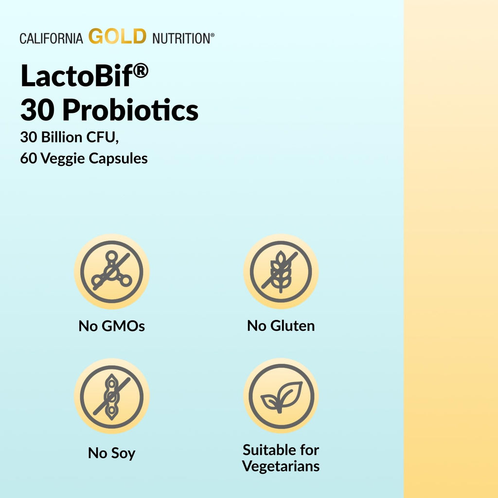 California Gold Nutrition LactoBif® 30 Probiotics – 30 Billion CFU, 60 Veggie Capsules | FloraFIT Probiotics by Danisco