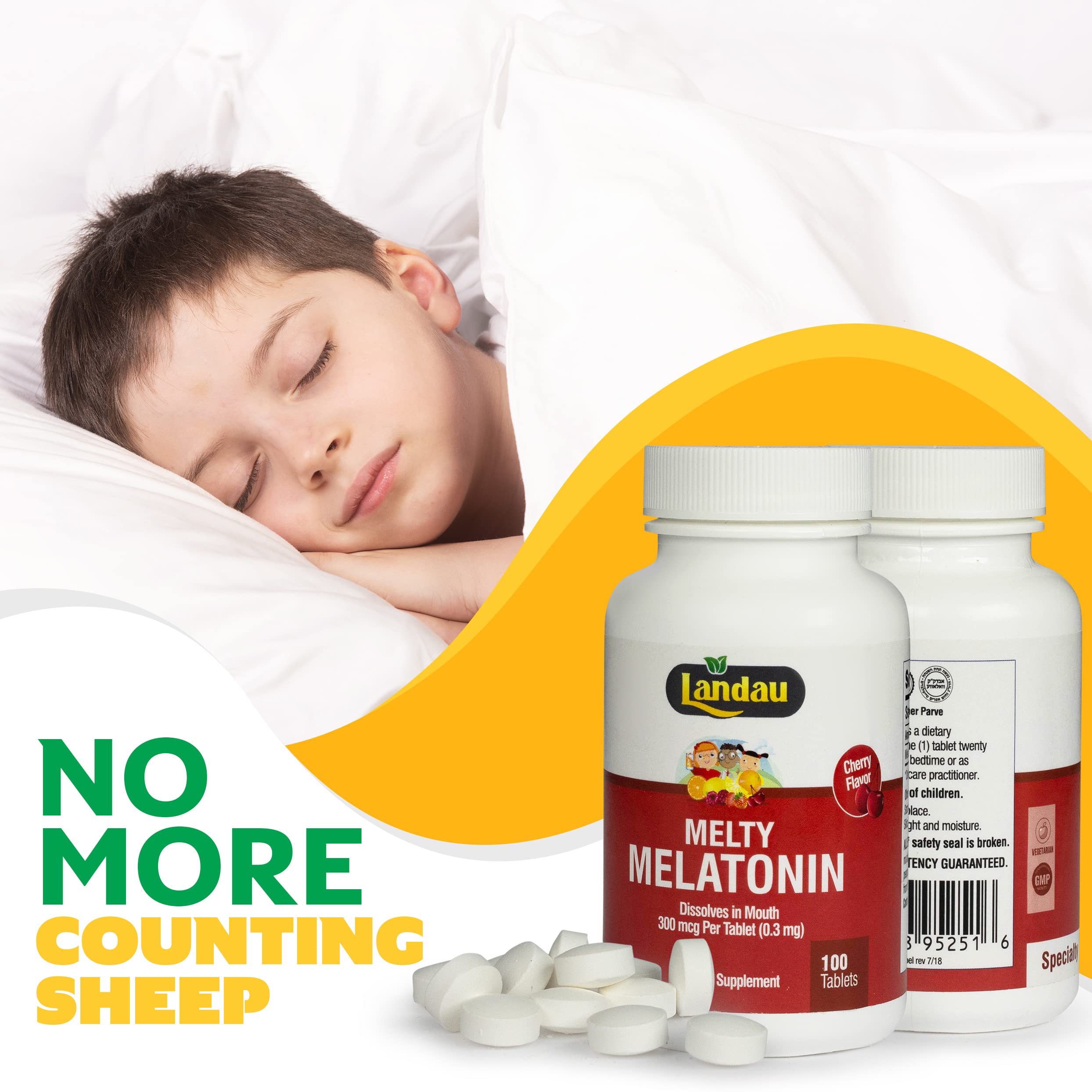 Landau Melty Melatonin 0.3mg (300 mcg) – Cherry, Fast-Dissolving Sleep Aid | 100 Tablets, Kosher, Made in USA