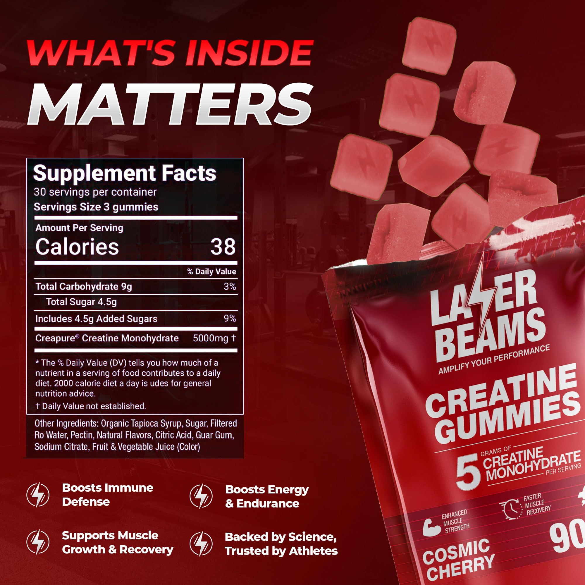 Laser Beams Creatine Monohydrate Gummies for Women & Men - 5g Creapure Creatine per Serving - Vegan, Cosmic Cherry Flavor - Boost Muscle Strength, Endurance, Recovery & Mental Focus (90 Gummies)