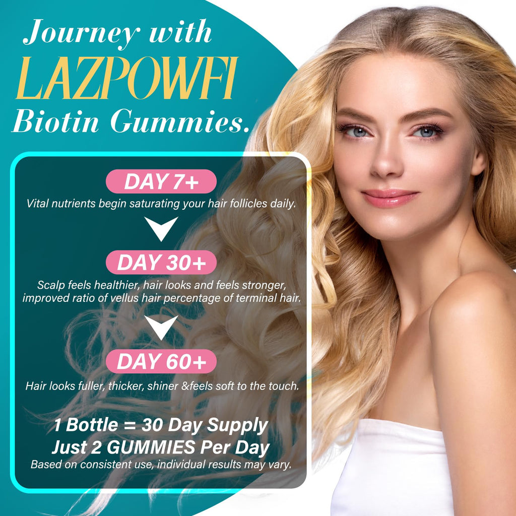 Lazpowfi Biotin Gummies – Vegan Vitamin B7 for Hair, Skin & Nails | 60-Day Two-Pack, Strawberry