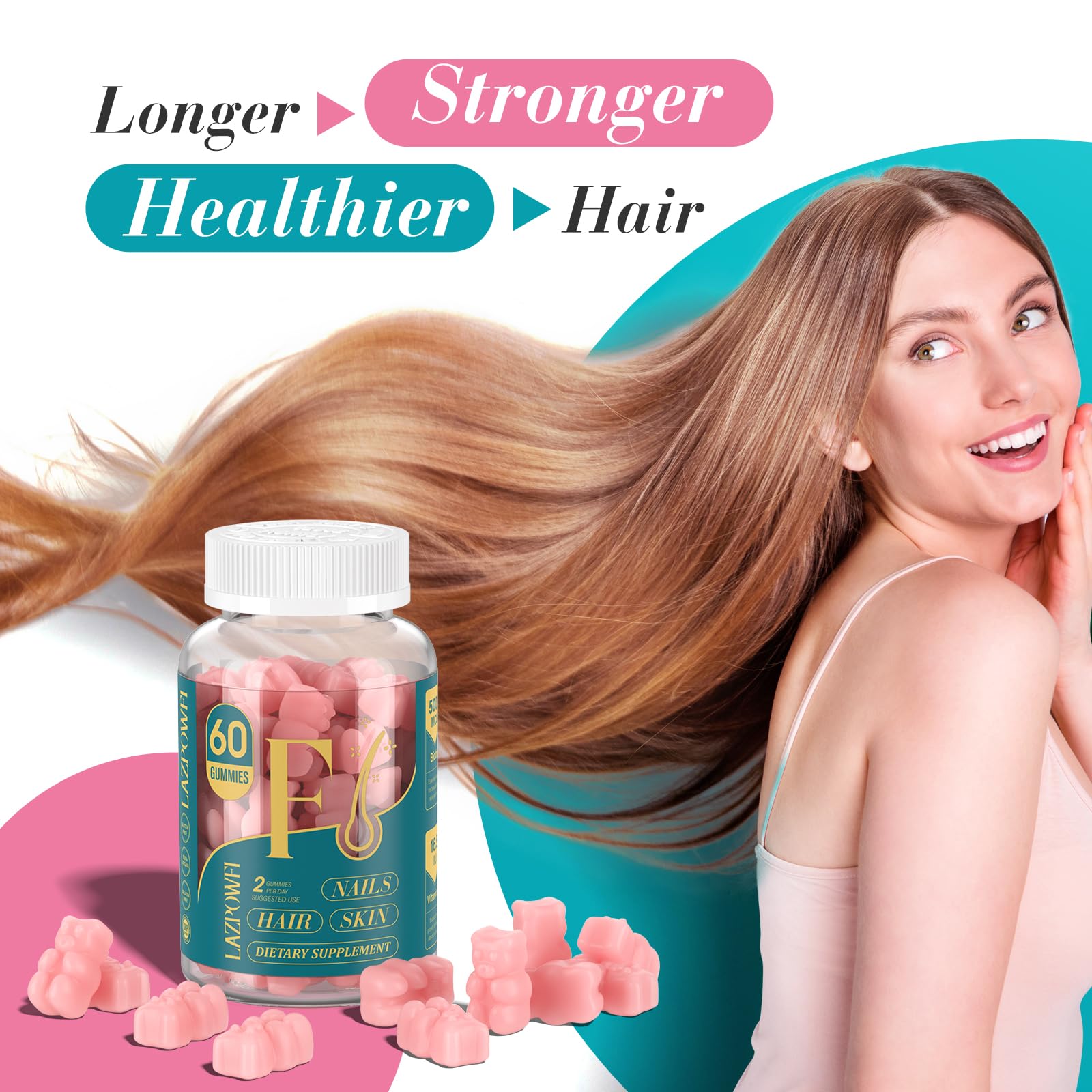 Lazpowfi Biotin Gummies – Hair, Skin & Nails Vitamins (Vegan Vitamin B7) – 60-Count Raspberry