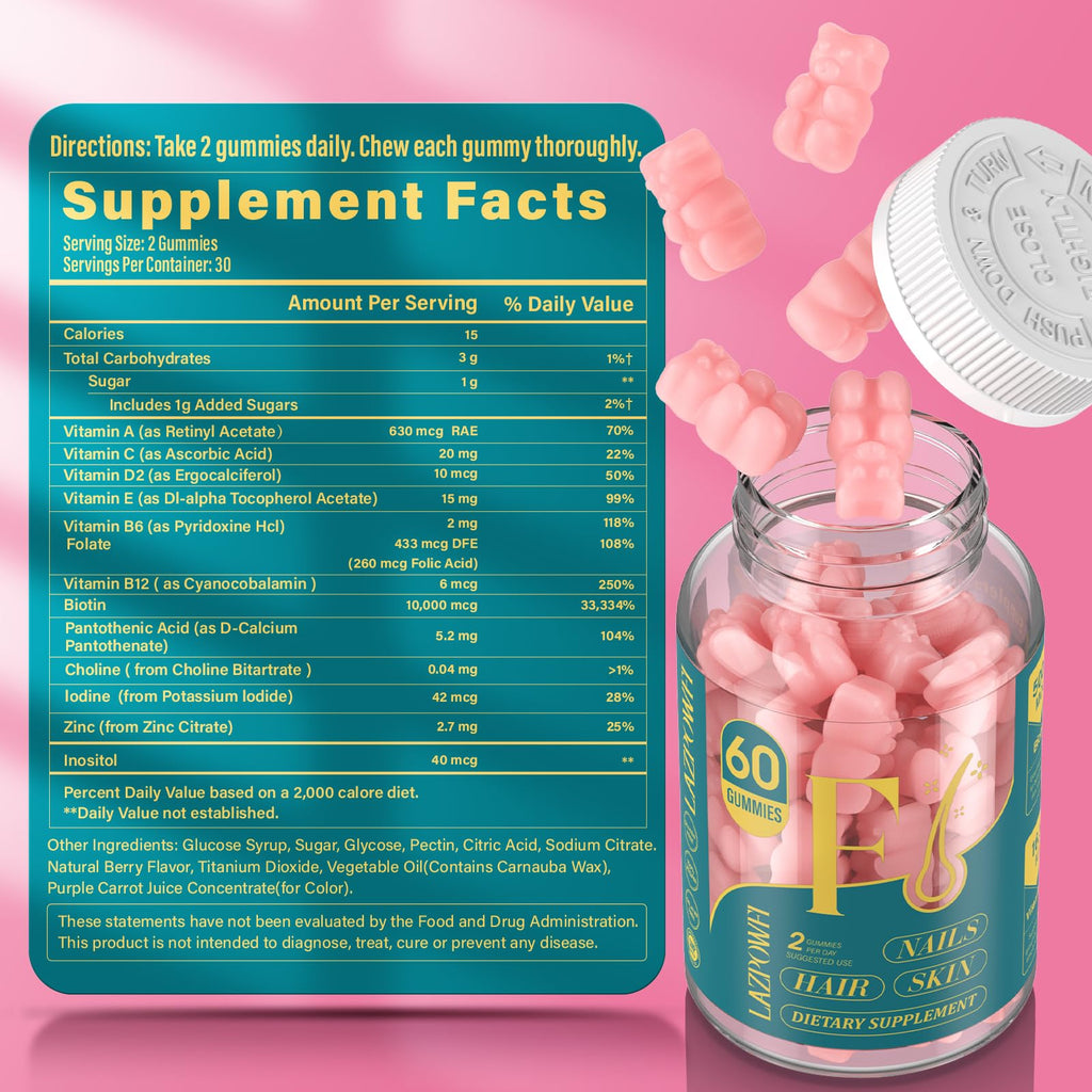 Lazpowfi Biotin Gummies – Hair, Skin & Nails Vitamins (Vegan Vitamin B7) – 60-Count Raspberry