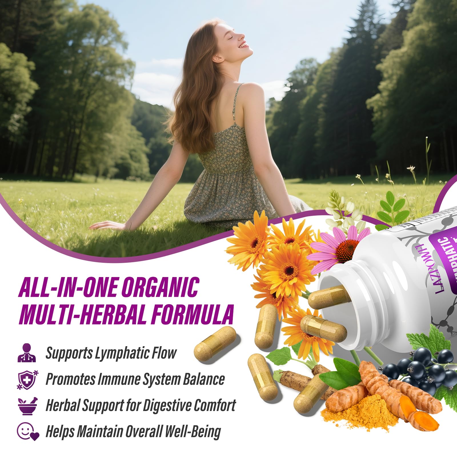 Lazpowfi Lymphatic Drainage Supplement – 120 Capsules with Echinacea, Dandelion & Turmeric