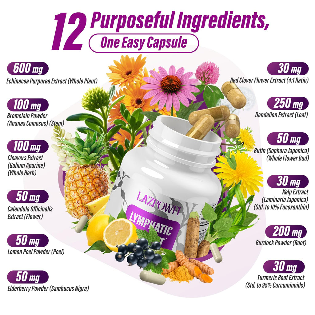 Lazpowfi Lymphatic Drainage Supplement – 120 Capsules with Echinacea, Dandelion & Turmeric