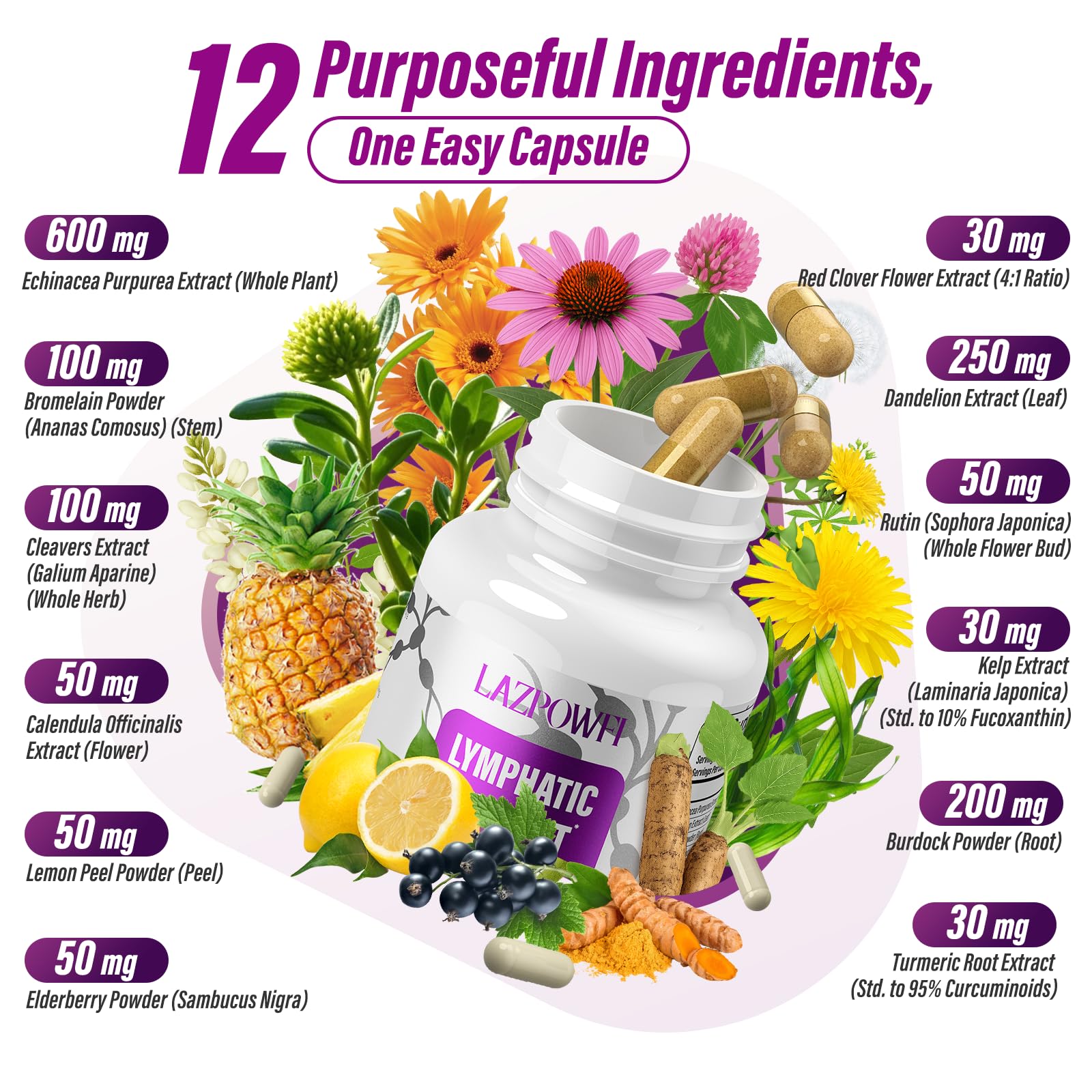 Lazpowfi Lymphatic Drainage Supplements – 1540mg Lymph System Support, 60 Capsules