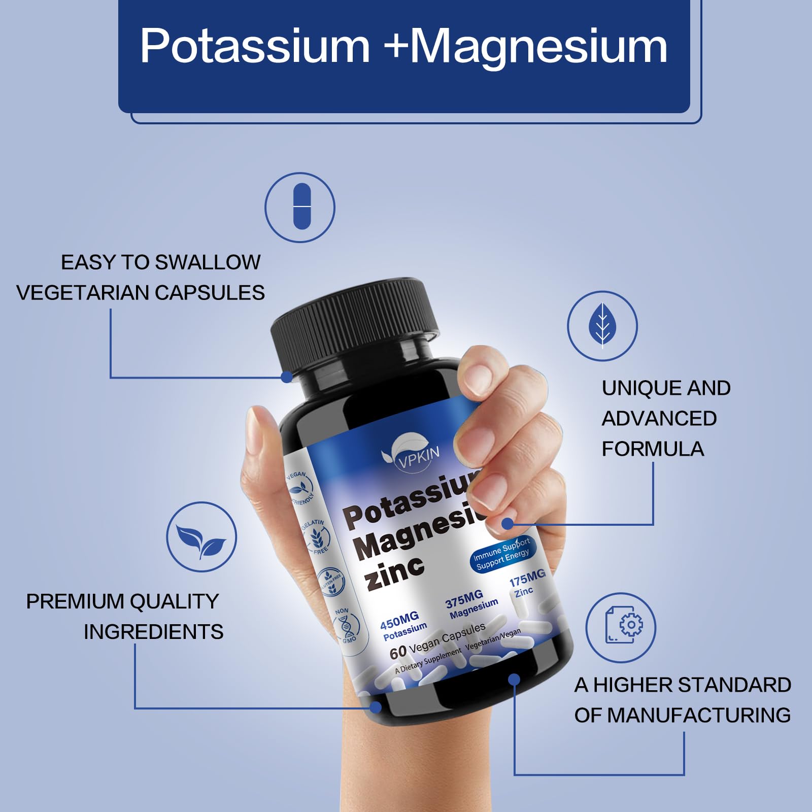Potassium Magnesium 1000mg Supplement | Leg Cramps Relief | High Absorption | Vegan (60 Capsules)