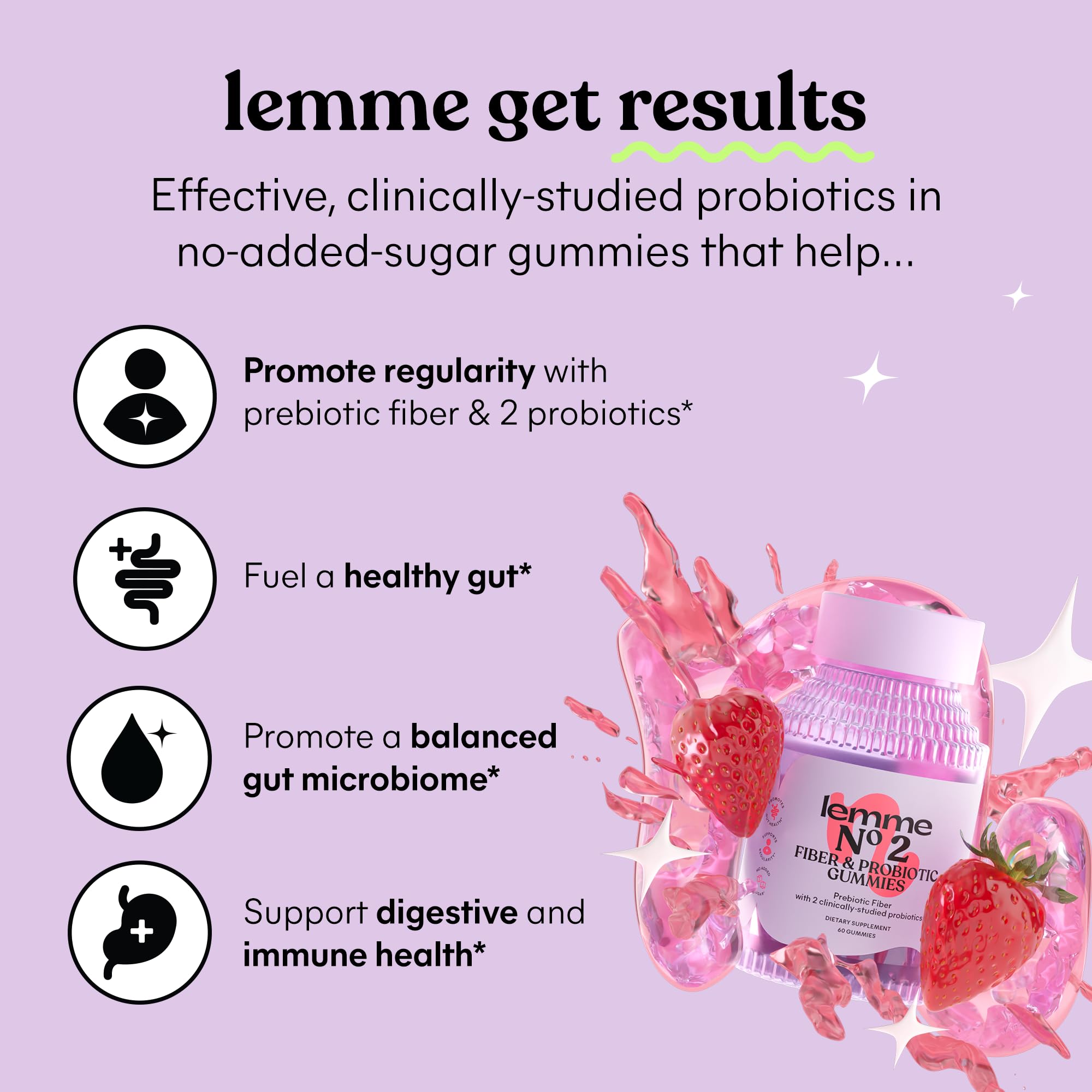 Lemme No. 2 Fiber & Probiotic Gummies for Adults – No Sugar Added, Strawberry (60 Count)