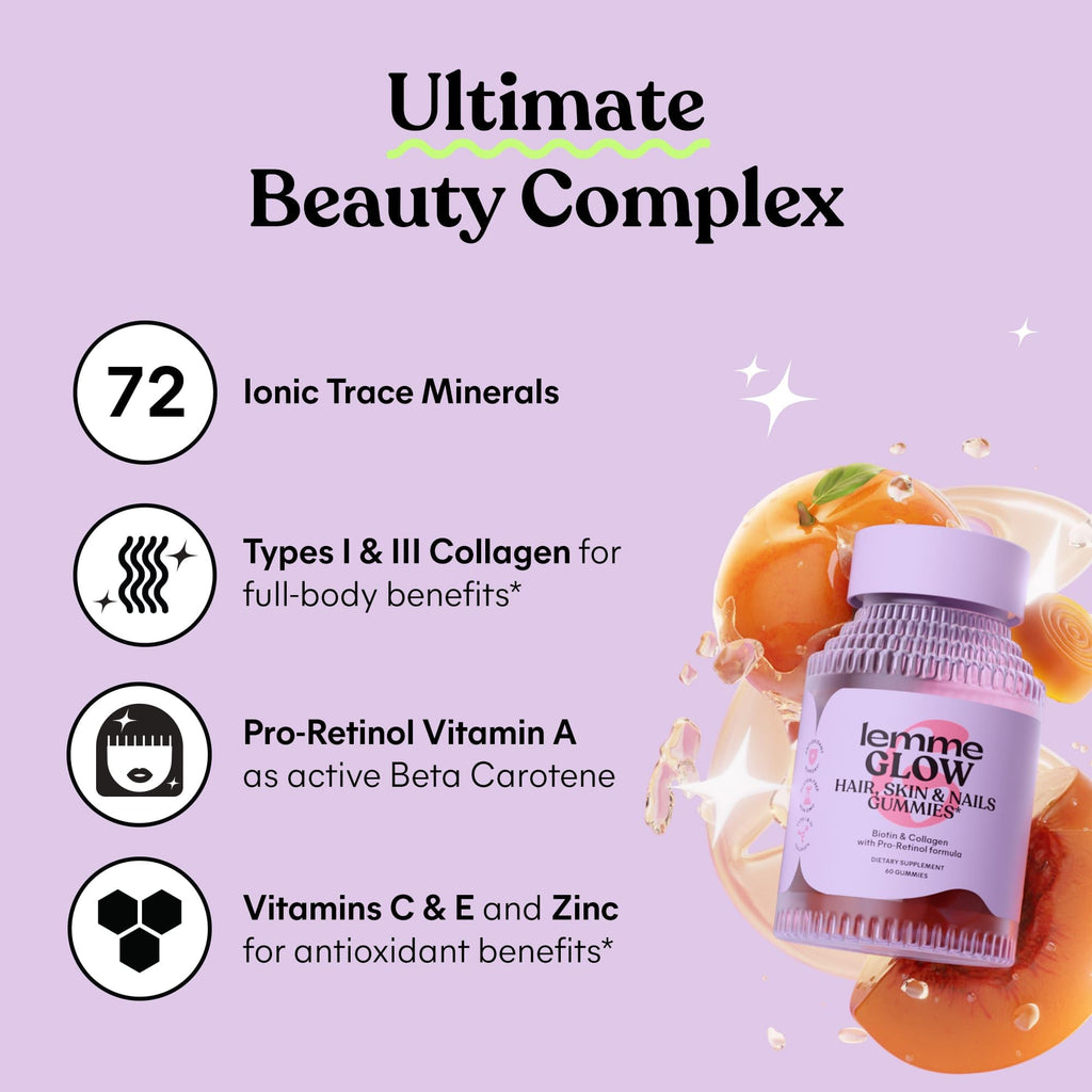 Lemme Glow Collagen Gummies – Thick Hair, Strong Nails & Healthy Skin | Biotin, Multi-Collagen, Zinc, Vitamins A/C/E | Peach Flavor 60 ct