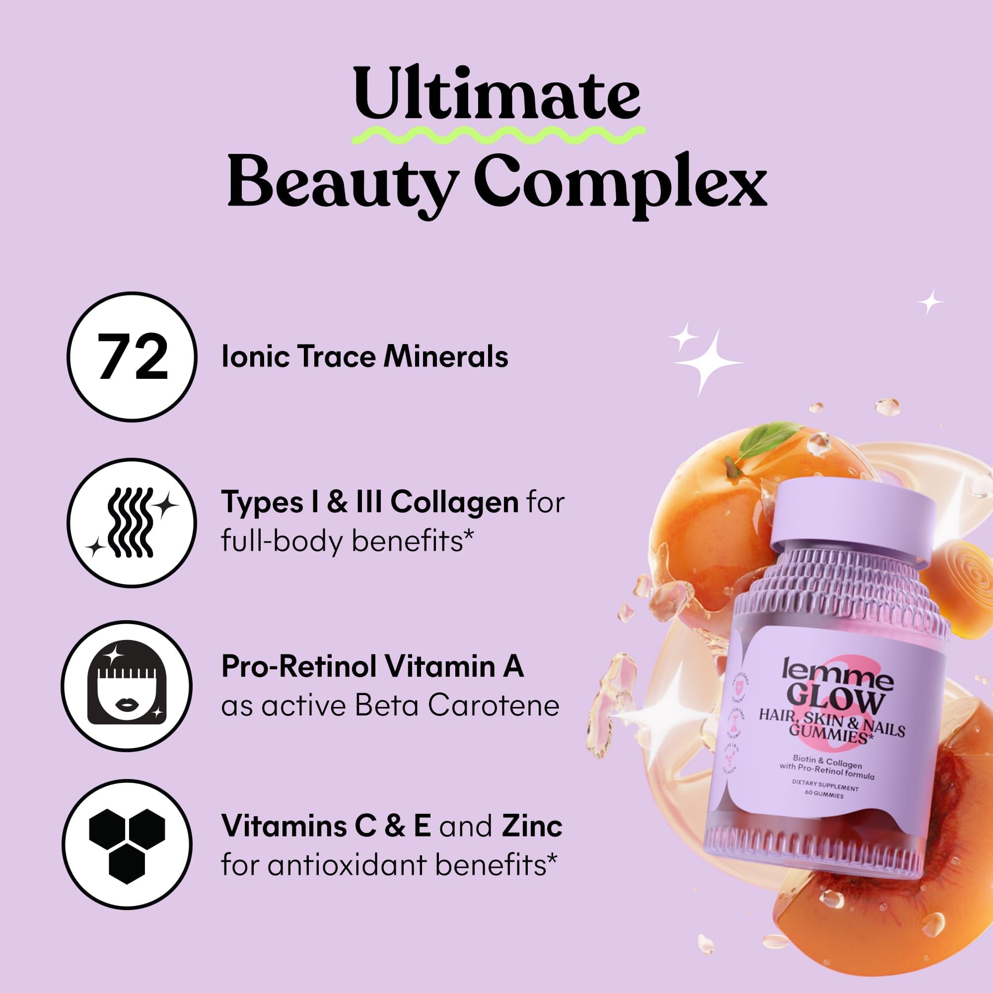 Lemme Glow Collagen Gummies – Thick Hair, Strong Nails & Healthy Skin | Biotin, Multi-Collagen, Zinc, Vitamins A/C/E | Peach Flavor 60 ct