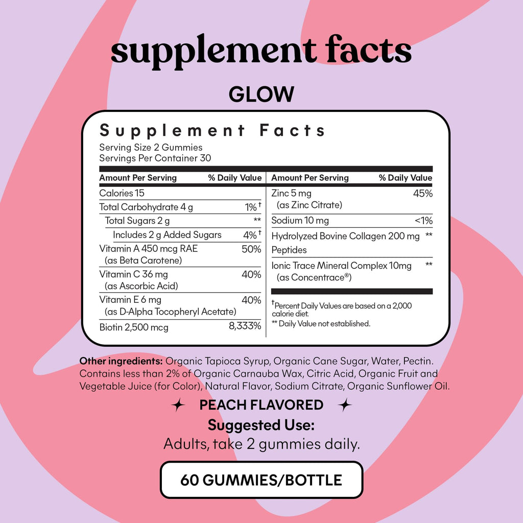 Lemme Glow Collagen Gummies – Thick Hair, Strong Nails & Healthy Skin | Biotin, Multi-Collagen, Zinc, Vitamins A/C/E | Peach Flavor 60 ct