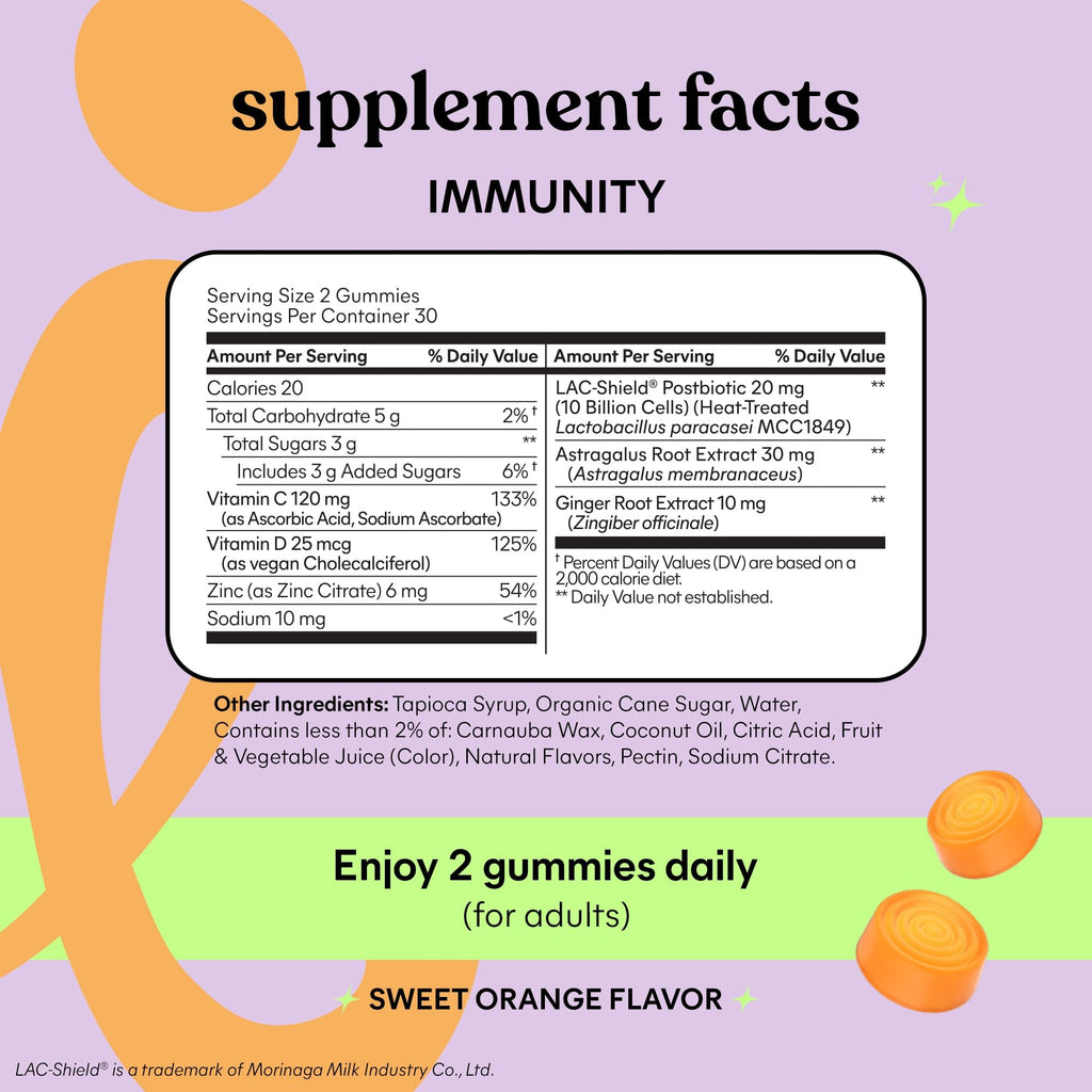 Lemme Immunity Postbiotic Gummies – Vitamin C, D3 2000 IU, Zinc, 60 Count, Astragalus (Vegetarian, Gluten Free)